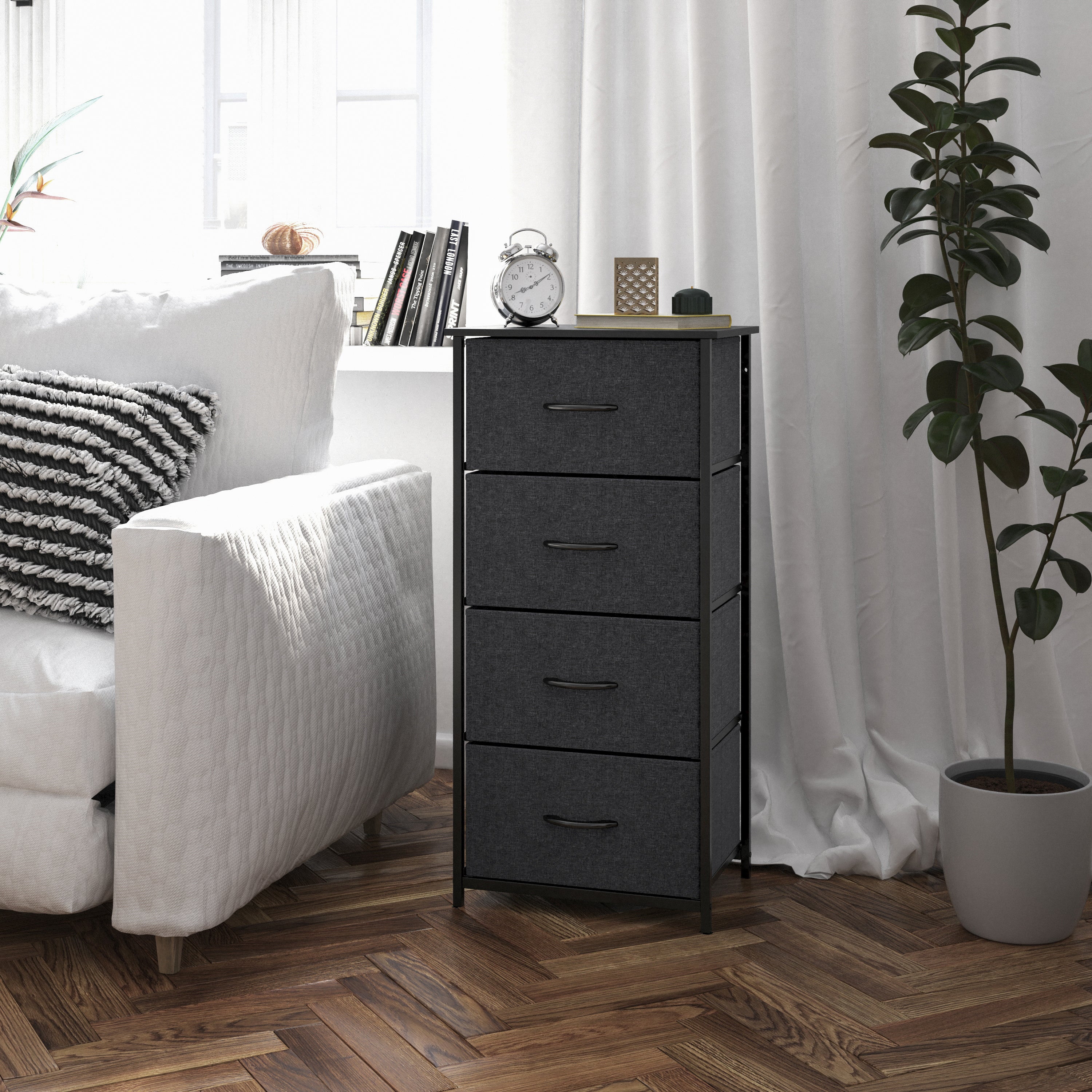 Harris 4 Drawer Vertical Storage Dresser with Black Cast Iron Frame and Wood Top and Black Easy Pull Fabric Drawers with Wooden Handles