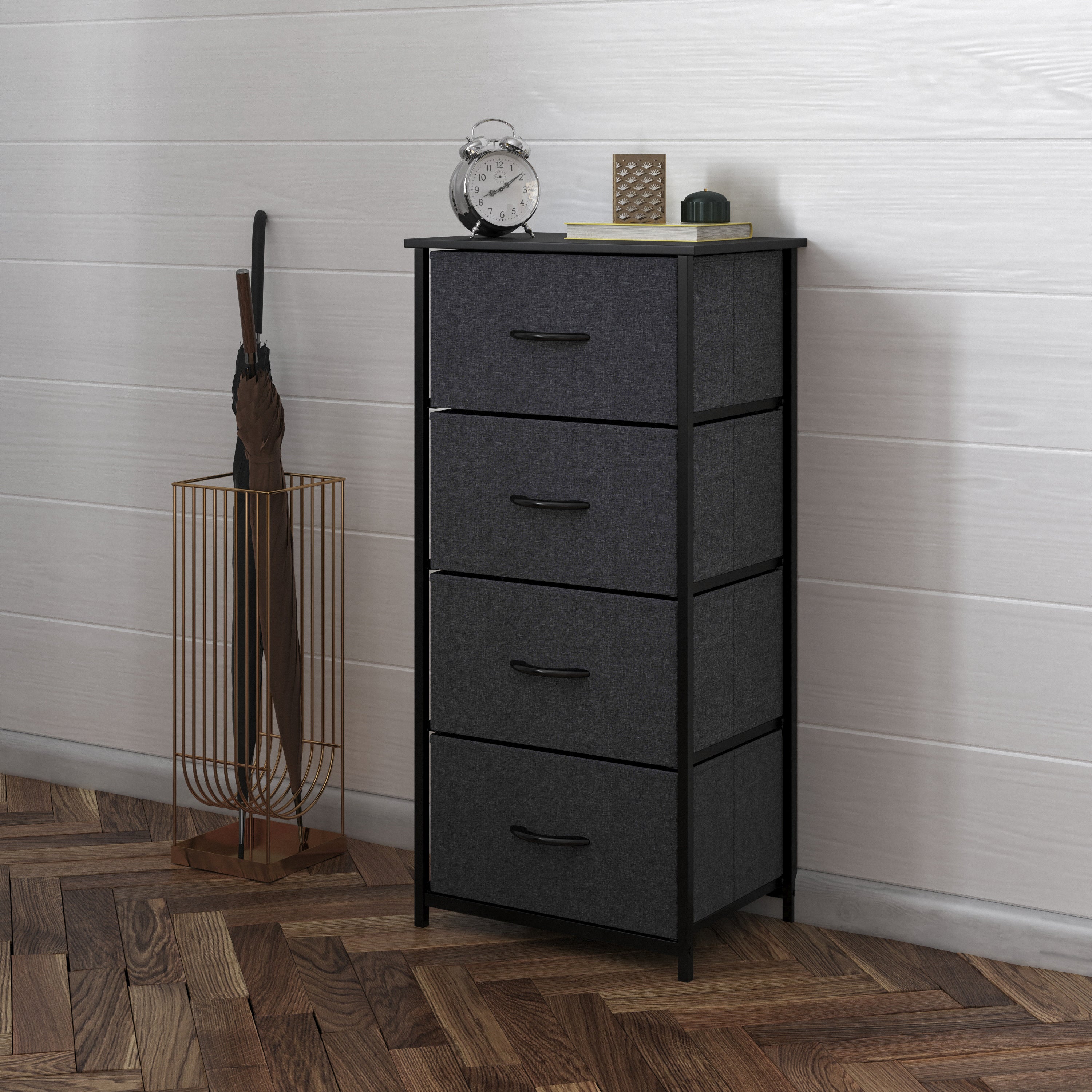 Harris 4 Drawer Vertical Storage Dresser with Black Cast Iron Frame and Wood Top and Black Easy Pull Fabric Drawers with Wooden Handles