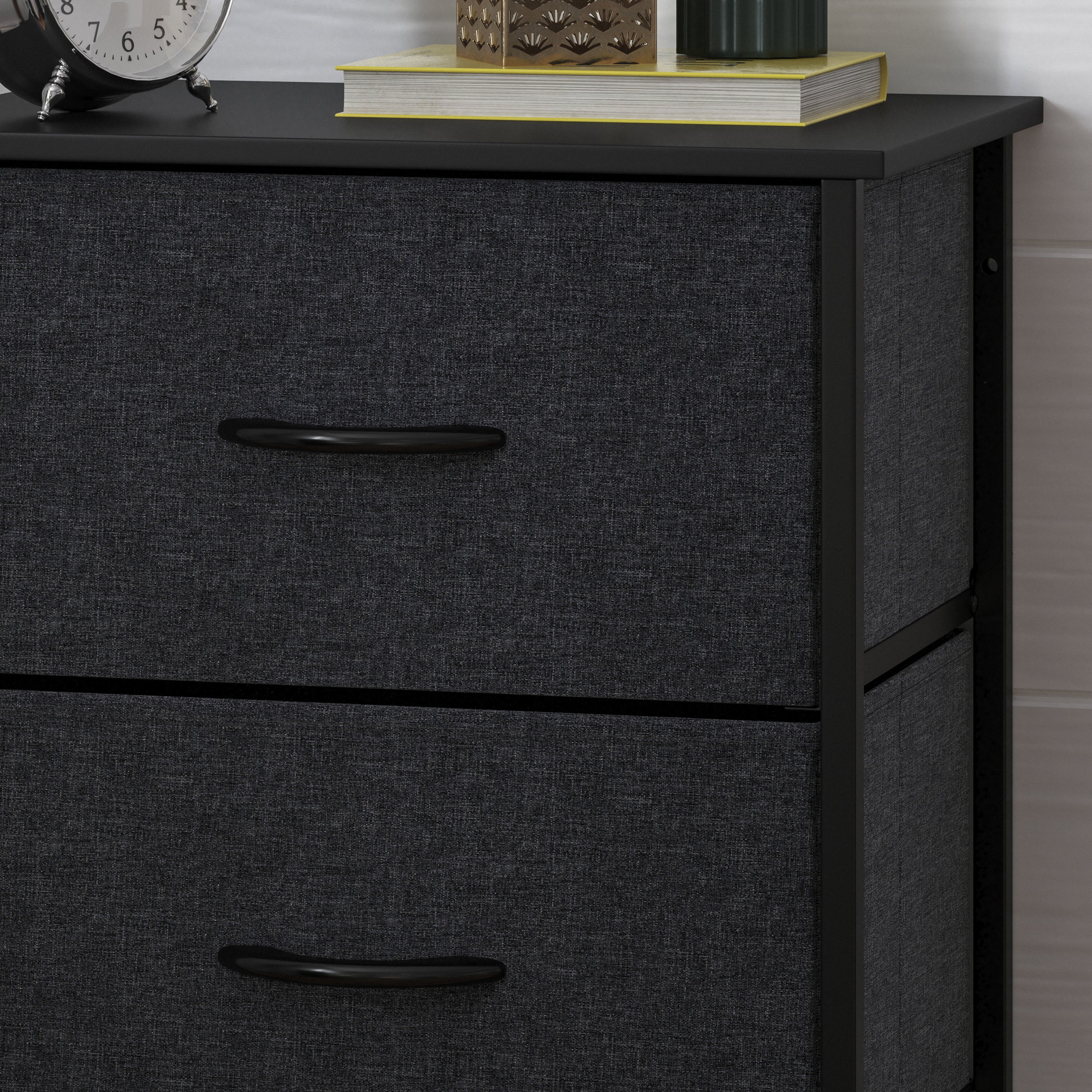 Harris 4 Drawer Vertical Storage Dresser with Black Cast Iron Frame and Wood Top and Black Easy Pull Fabric Drawers with Wooden Handles