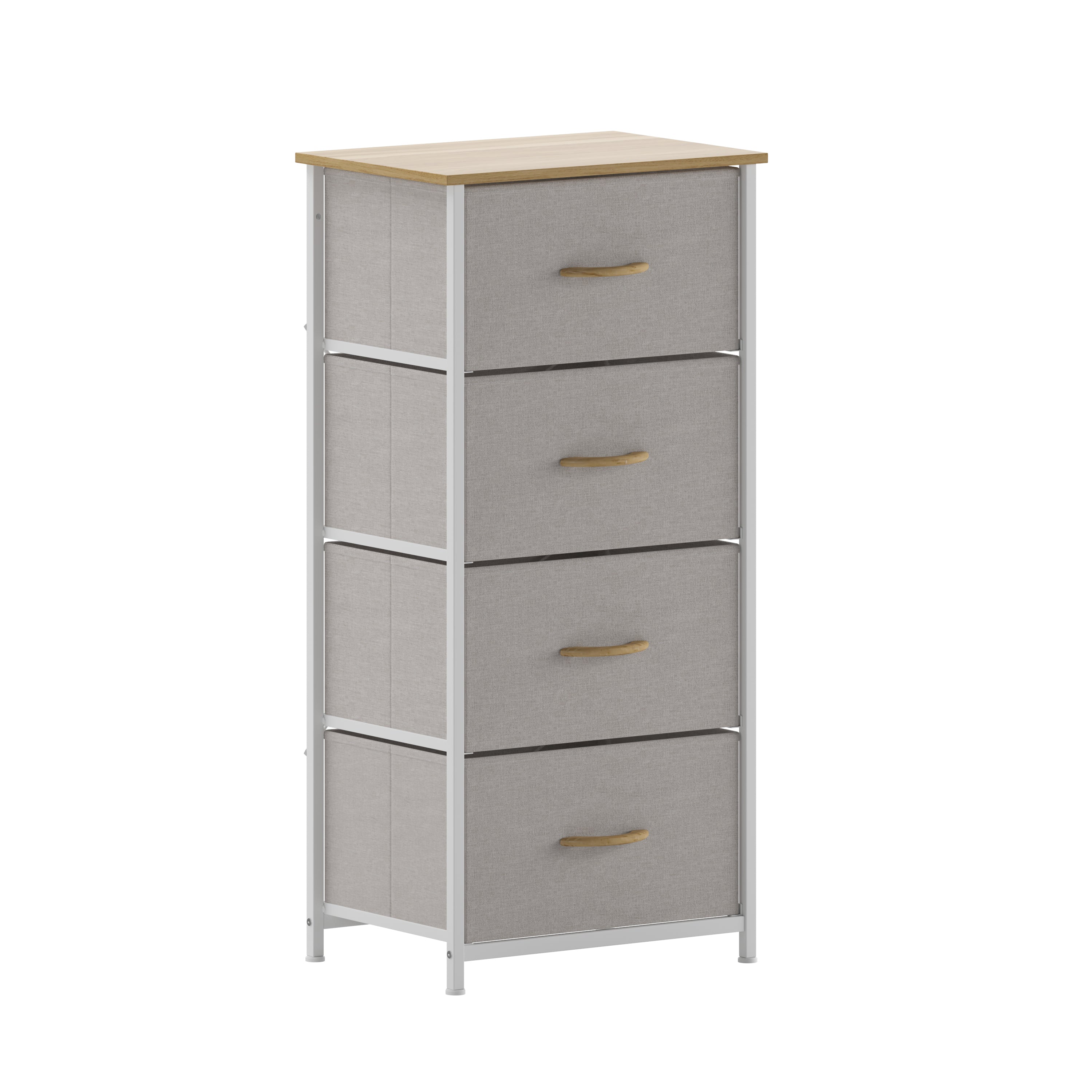 Harris 4 Drawer Vertical Storage Dresser with White Cast Iron Frame, Oak Wood Top and Beige Easy Pull Fabric Drawers with Natural Wooden Handles