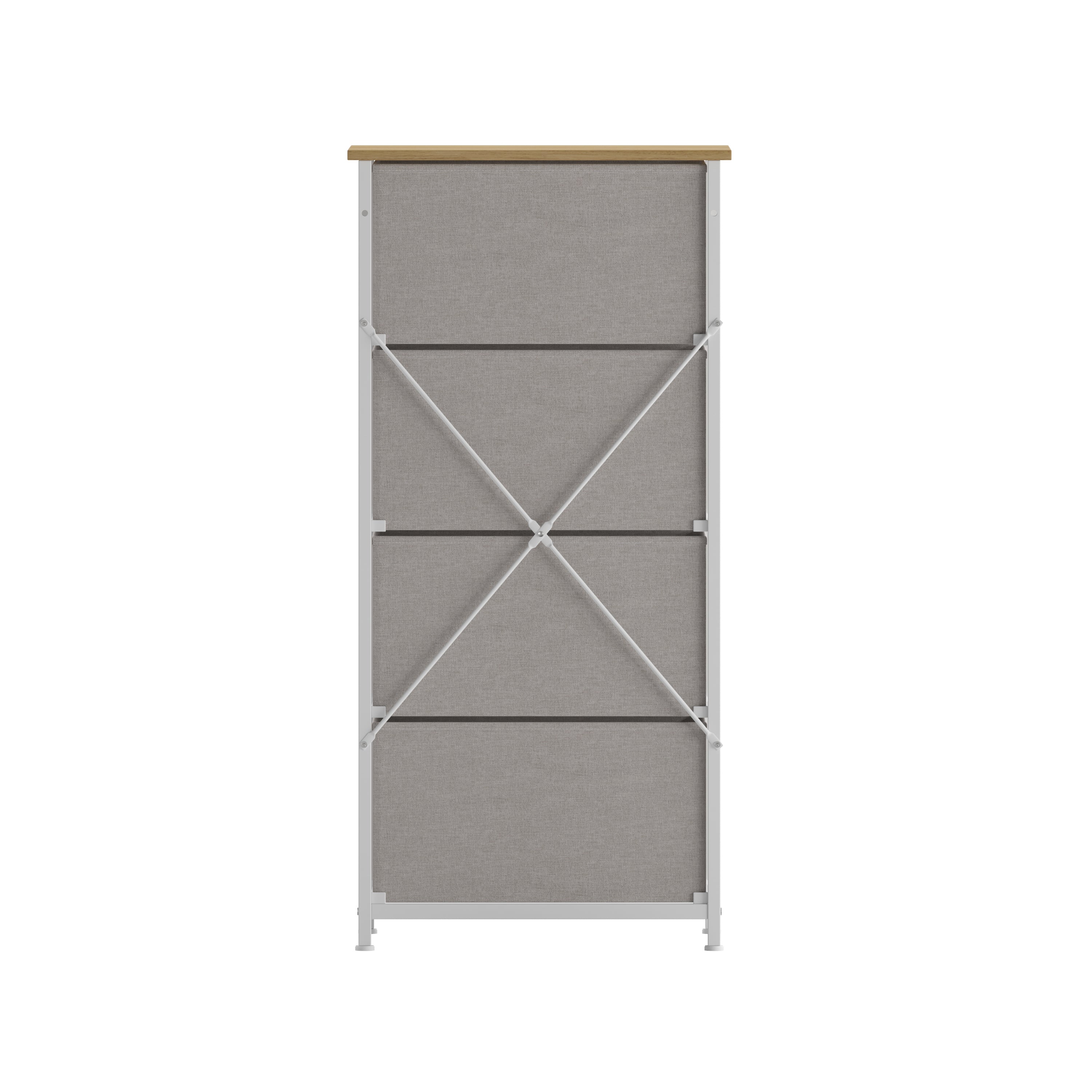 Harris 4 Drawer Vertical Storage Dresser with White Cast Iron Frame, Oak Wood Top and Beige Easy Pull Fabric Drawers with Natural Wooden Handles
