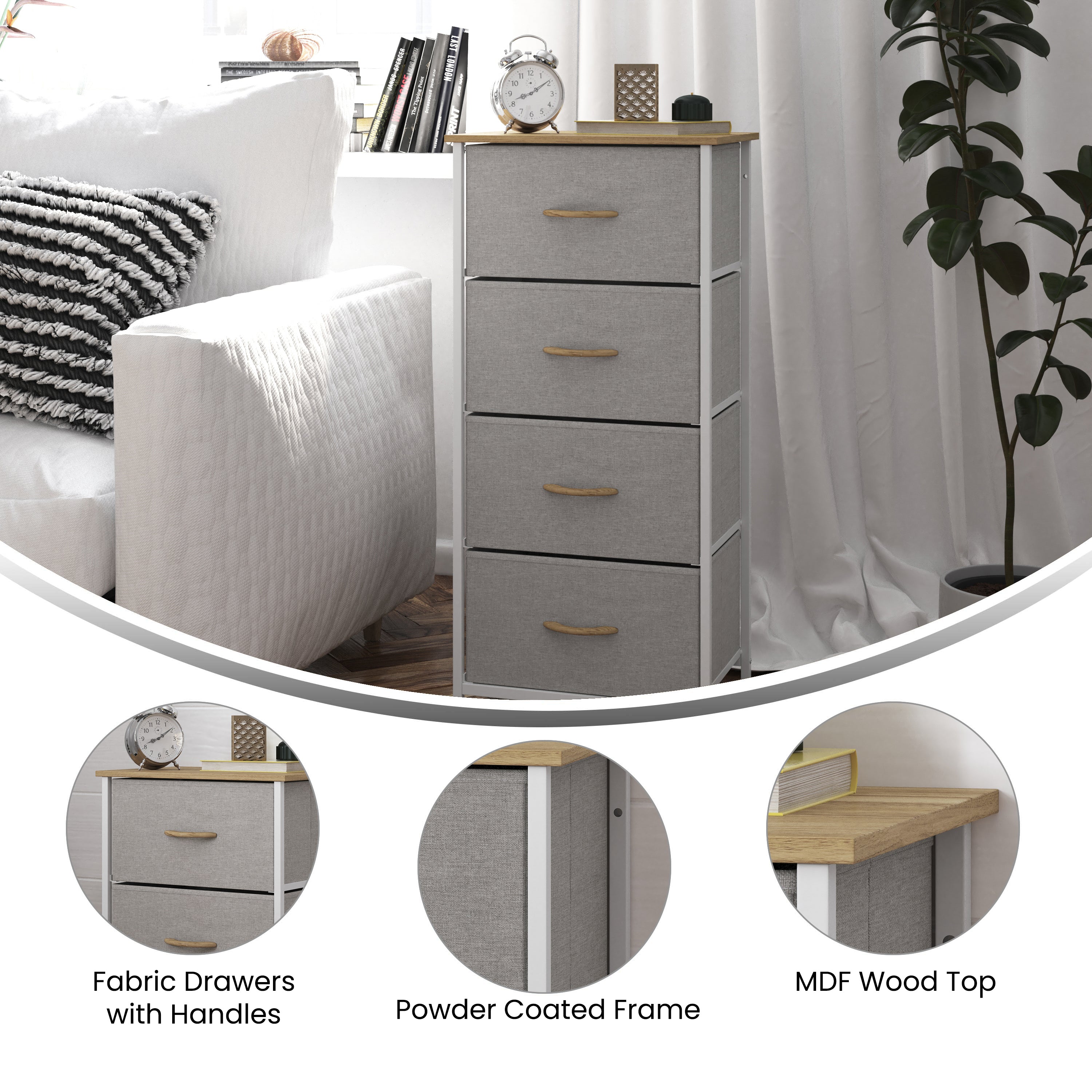 Harris 4 Drawer Vertical Storage Dresser with White Cast Iron Frame, Oak Wood Top and Beige Easy Pull Fabric Drawers with Natural Wooden Handles
