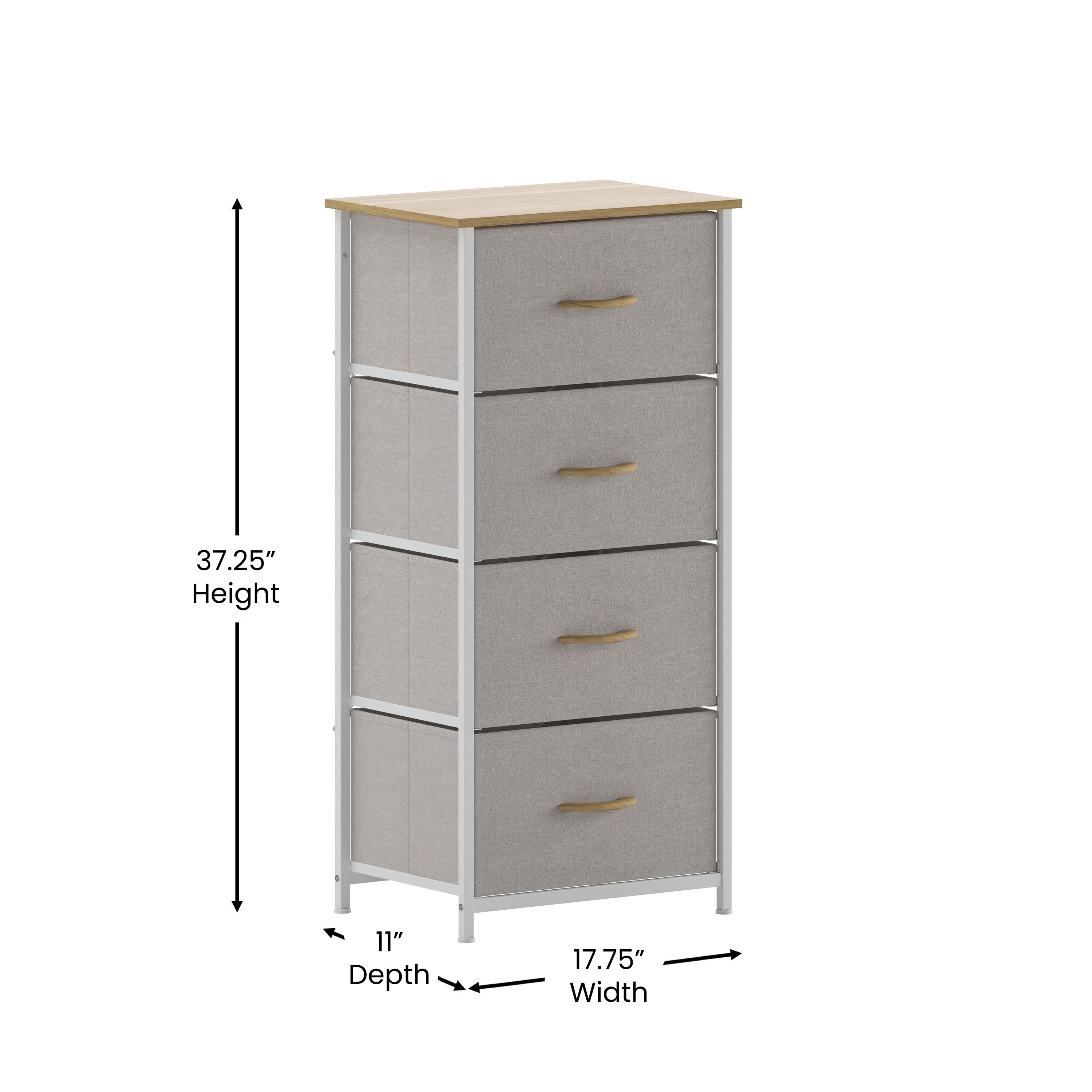 Harris 4 Drawer Vertical Storage Dresser with White Cast Iron Frame, Oak Wood Top and Beige Easy Pull Fabric Drawers with Natural Wooden Handles