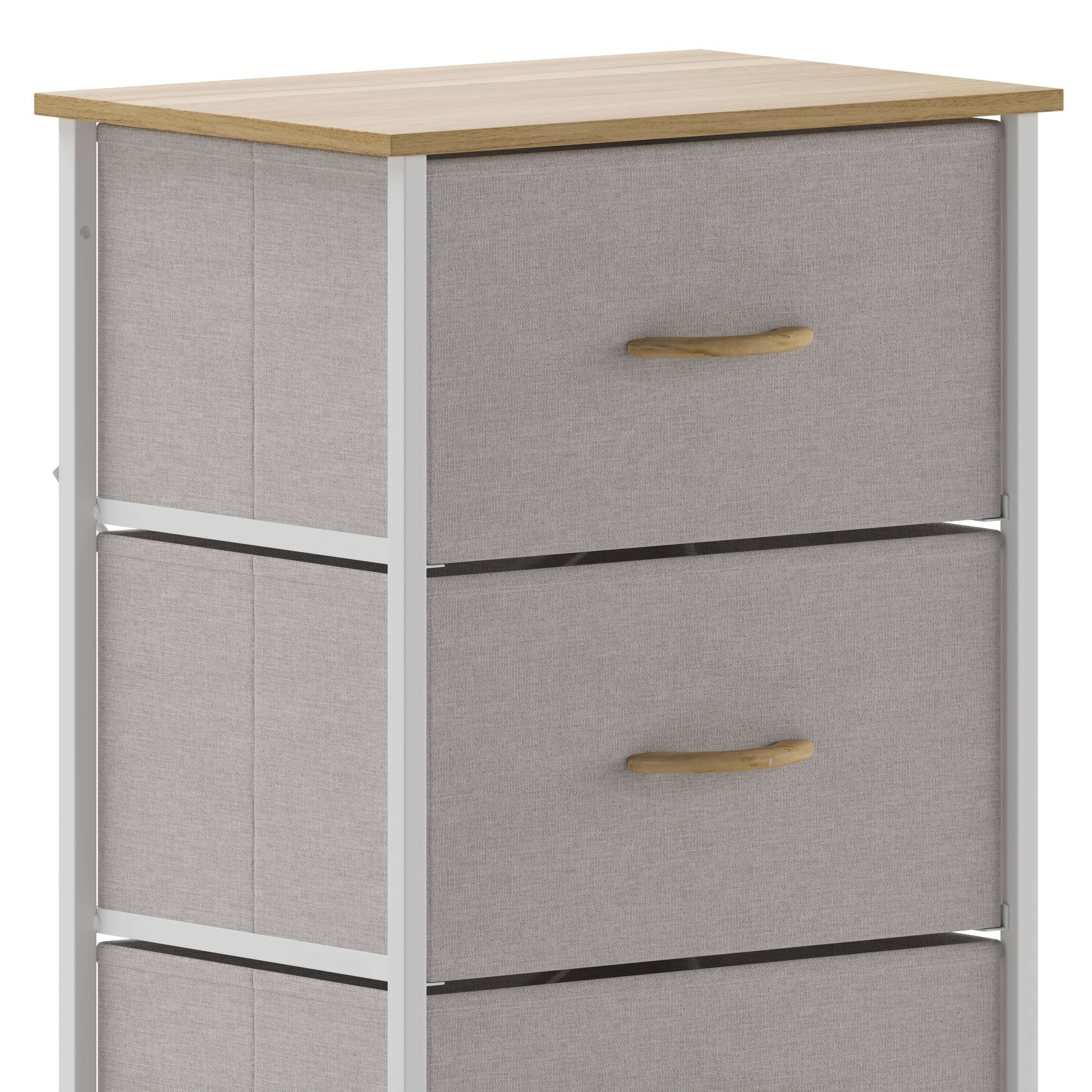 Harris 4 Drawer Vertical Storage Dresser with White Cast Iron Frame, Oak Wood Top and Beige Easy Pull Fabric Drawers with Natural Wooden Handles