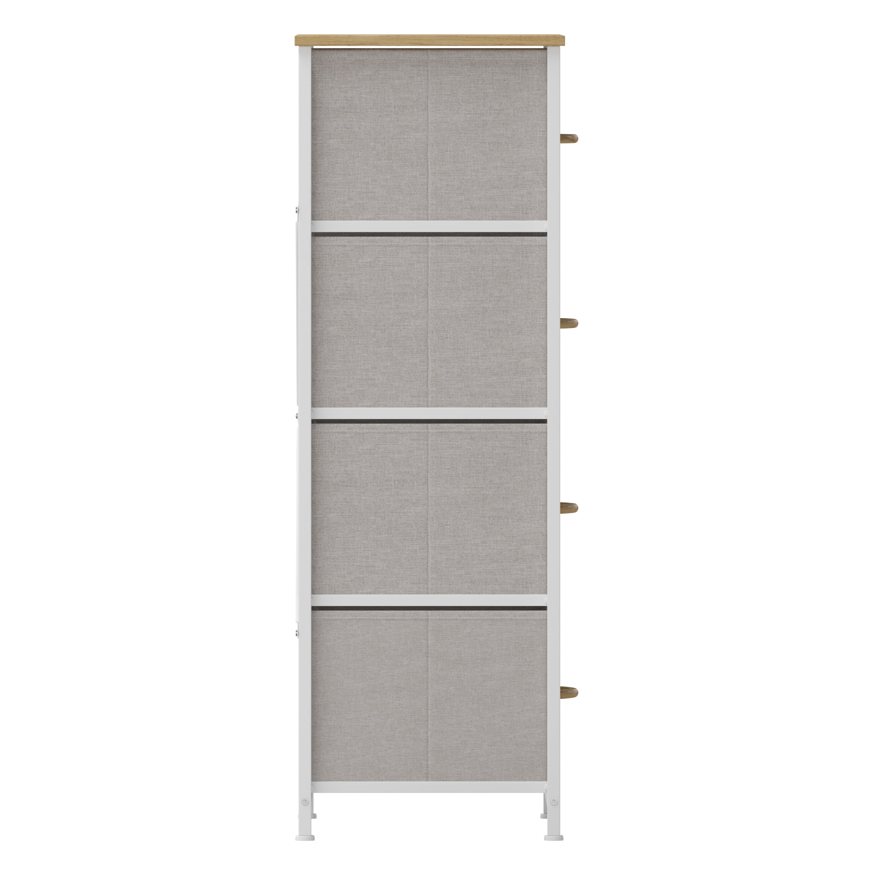 Harris 4 Drawer Vertical Storage Dresser with White Cast Iron Frame, Oak Wood Top and Beige Easy Pull Fabric Drawers with Natural Wooden Handles
