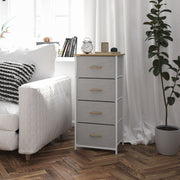 Harris 4 Drawer Vertical Storage Dresser with White Cast Iron Frame, Oak Wood Top and Beige Easy Pull Fabric Drawers with Natural Wooden Handles