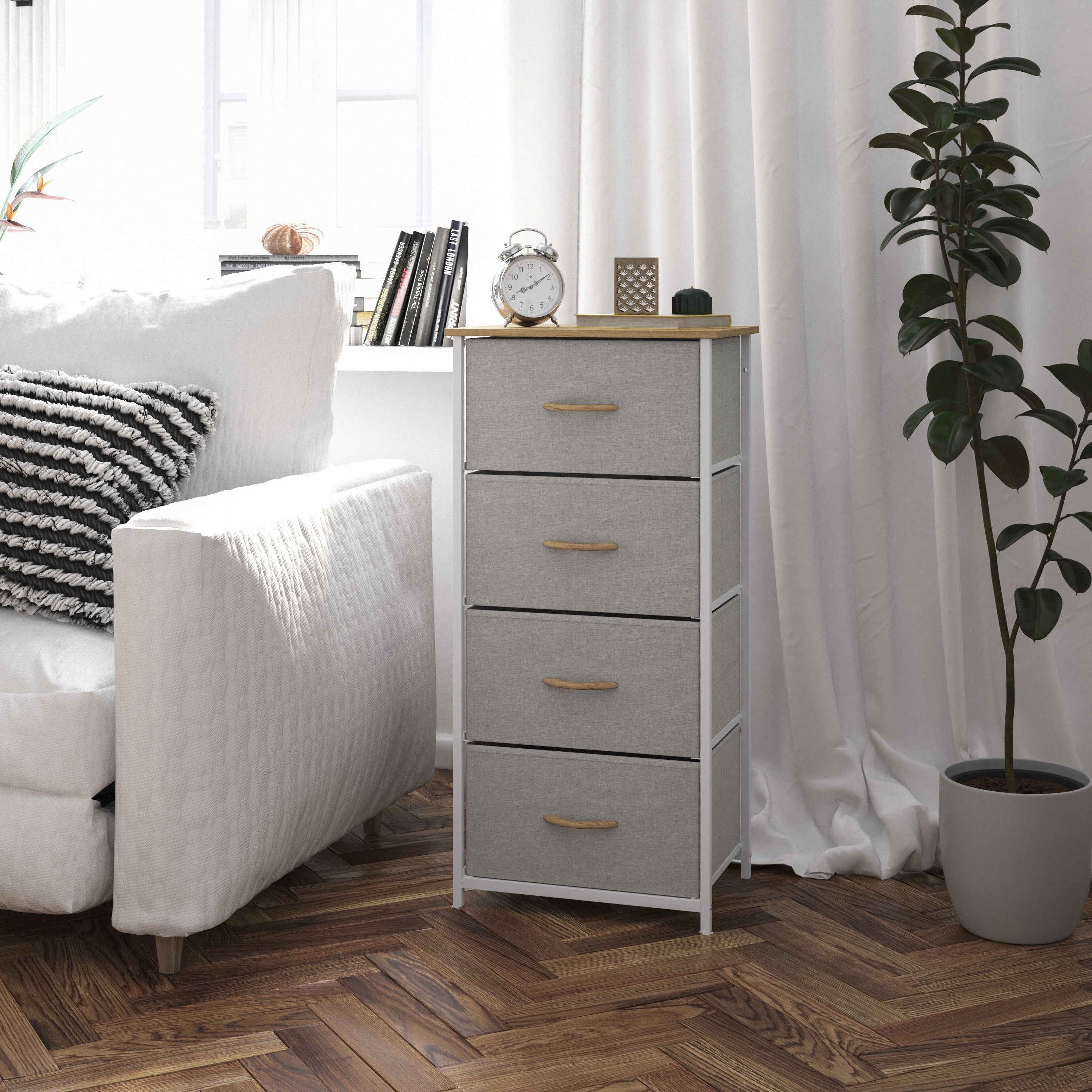 Harris 4 Drawer Vertical Storage Dresser with White Cast Iron Frame, Oak Wood Top and Beige Easy Pull Fabric Drawers with Natural Wooden Handles