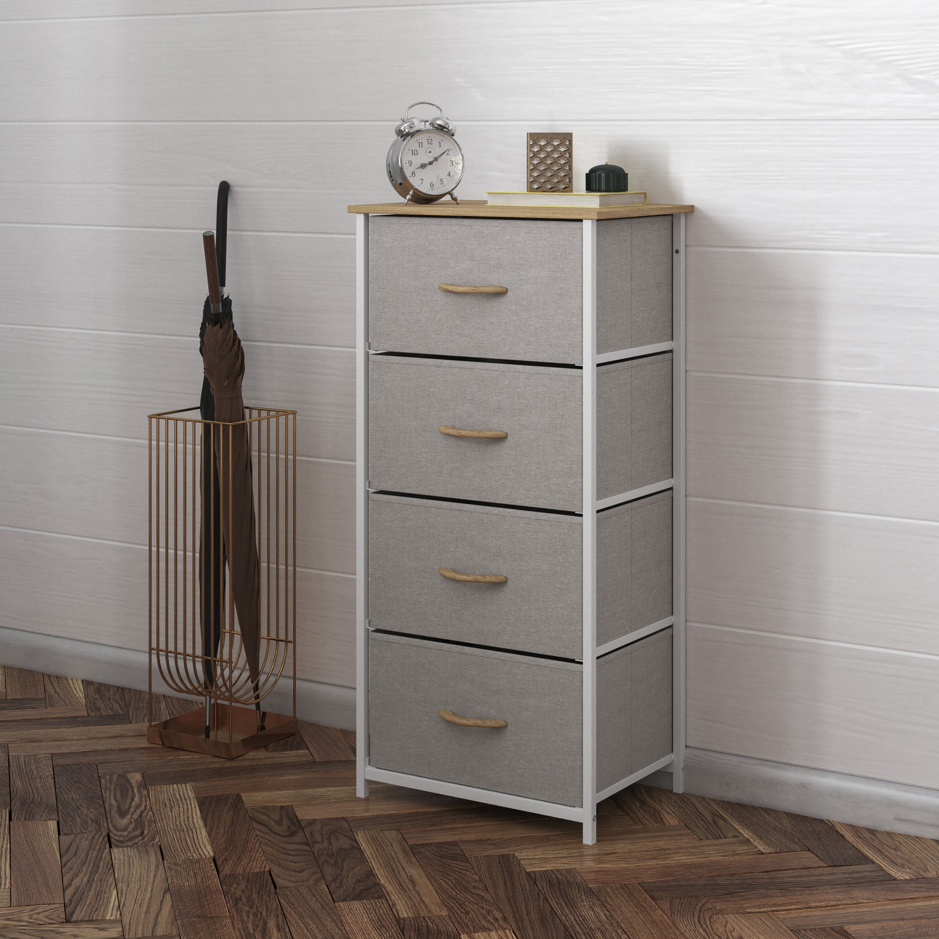Harris 4 Drawer Vertical Storage Dresser with White Cast Iron Frame, Oak Wood Top and Beige Easy Pull Fabric Drawers with Natural Wooden Handles