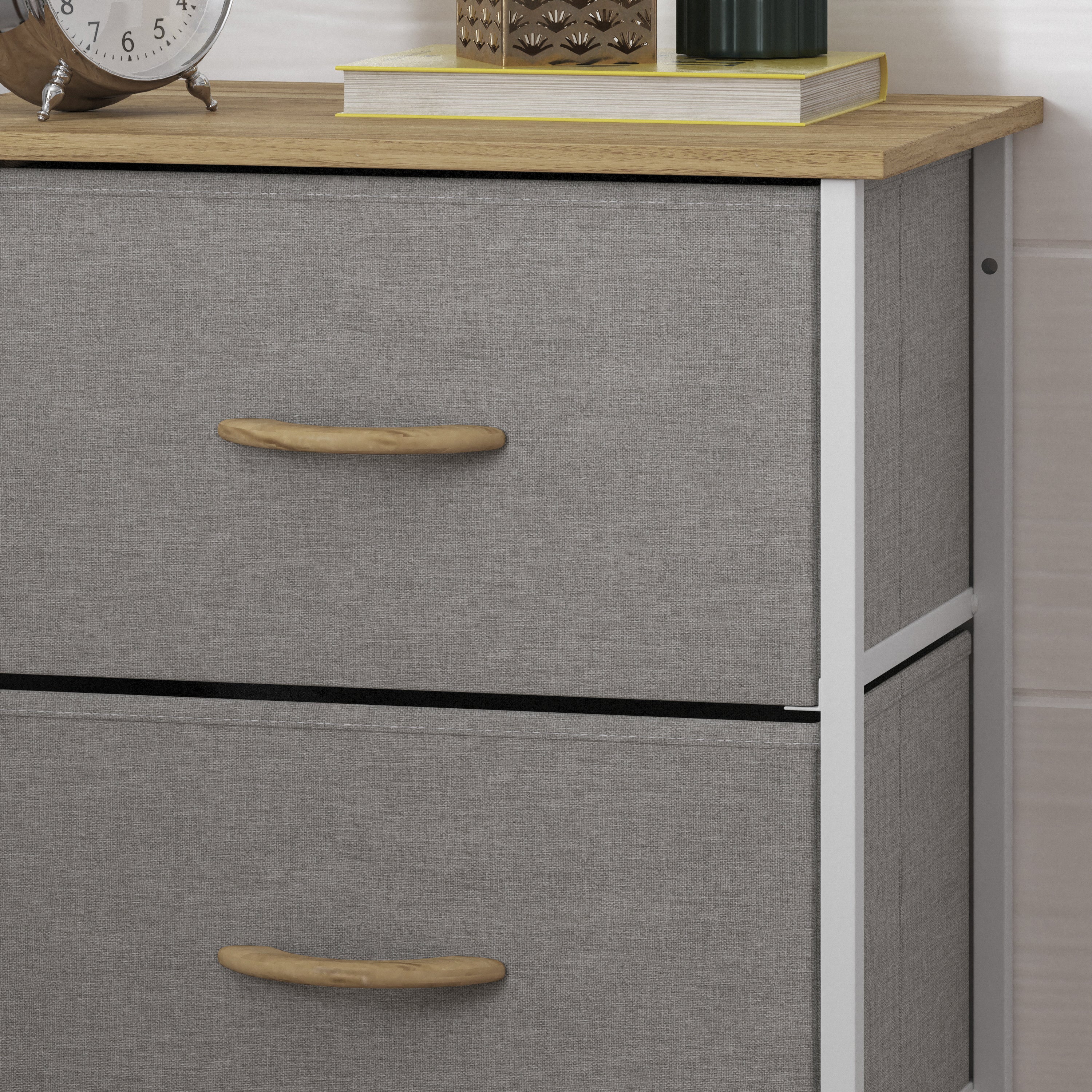 Harris 4 Drawer Vertical Storage Dresser with White Cast Iron Frame, Oak Wood Top and Beige Easy Pull Fabric Drawers with Natural Wooden Handles