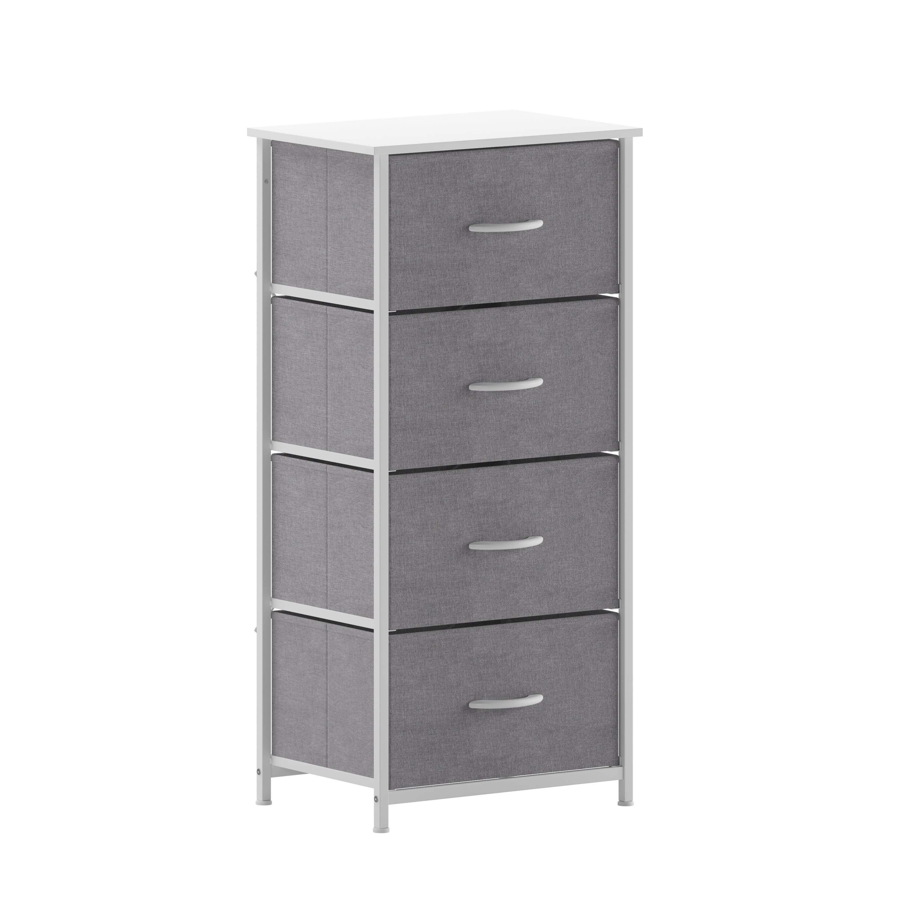 Harris 4 Drawer Vertical Storage Dresser with White Cast Iron Frame, White Wood Top and Gray Easy Pull Fabric Drawers with White Wooden Handles