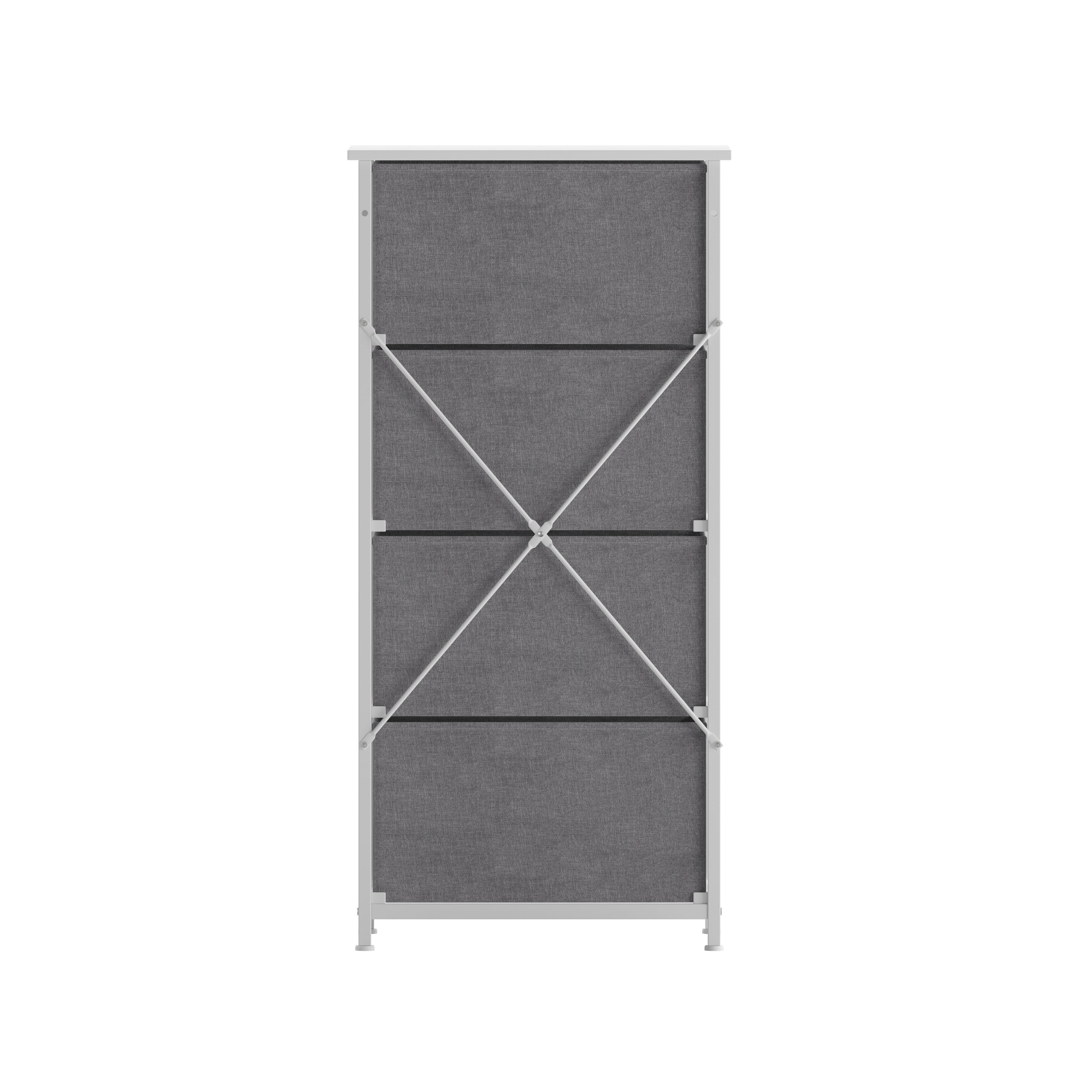 Harris 4 Drawer Vertical Storage Dresser with White Cast Iron Frame, White Wood Top and Gray Easy Pull Fabric Drawers with White Wooden Handles