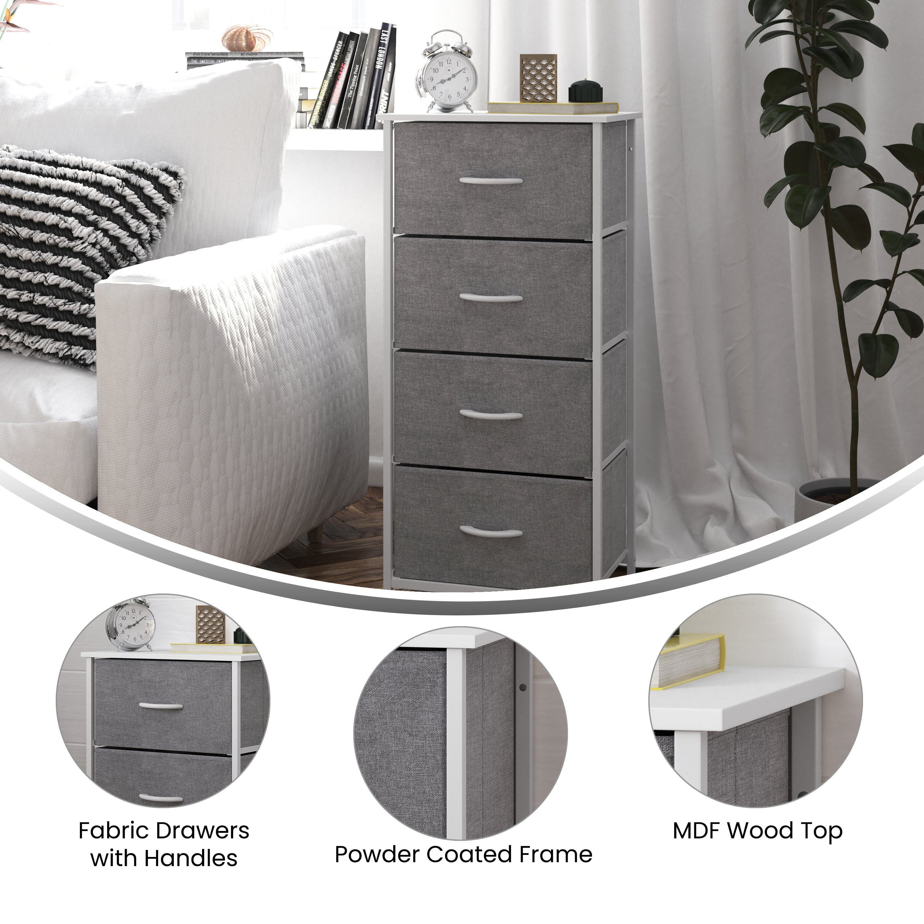 Harris 4 Drawer Vertical Storage Dresser with White Cast Iron Frame, White Wood Top and Gray Easy Pull Fabric Drawers with White Wooden Handles