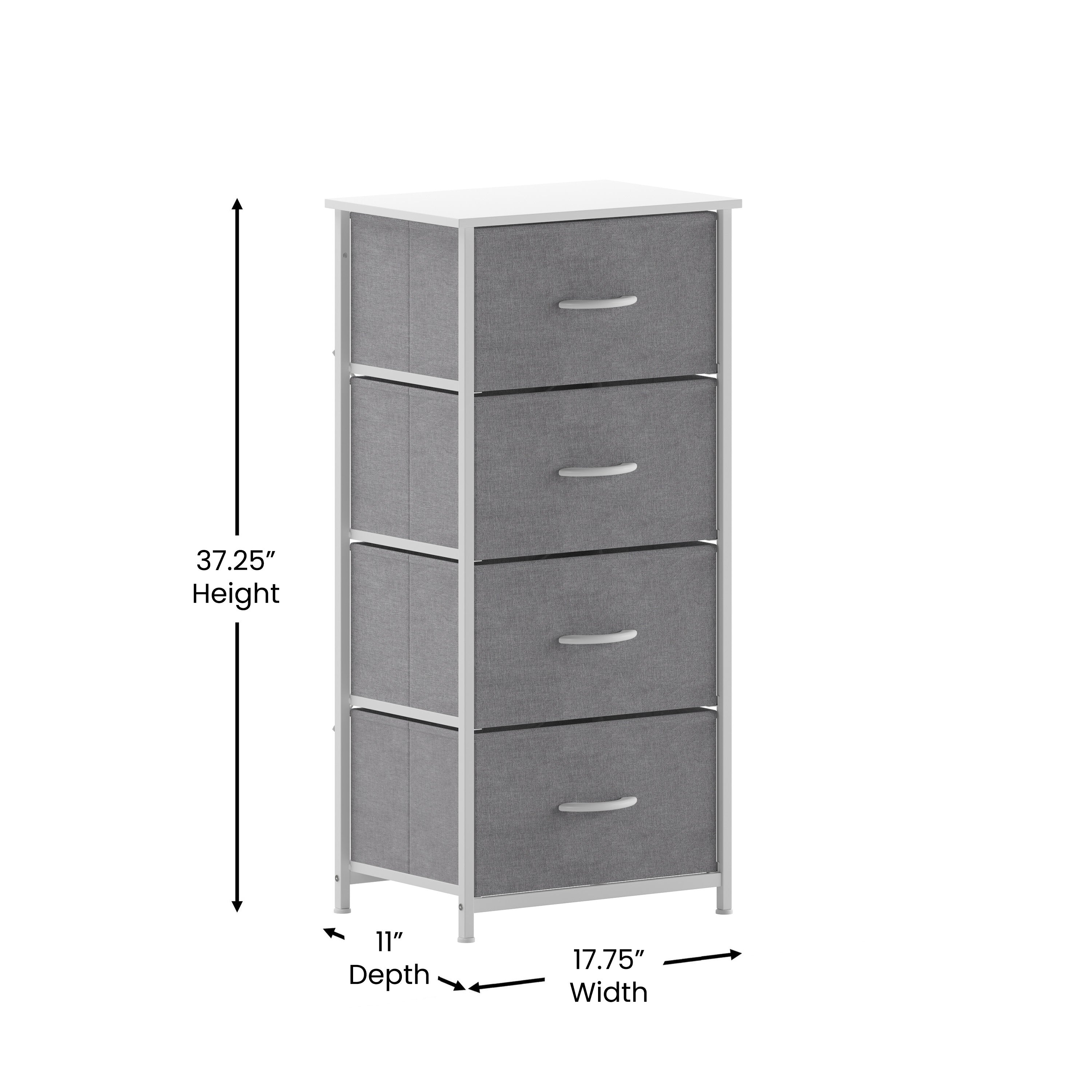 Harris 4 Drawer Vertical Storage Dresser with White Cast Iron Frame, White Wood Top and Gray Easy Pull Fabric Drawers with White Wooden Handles