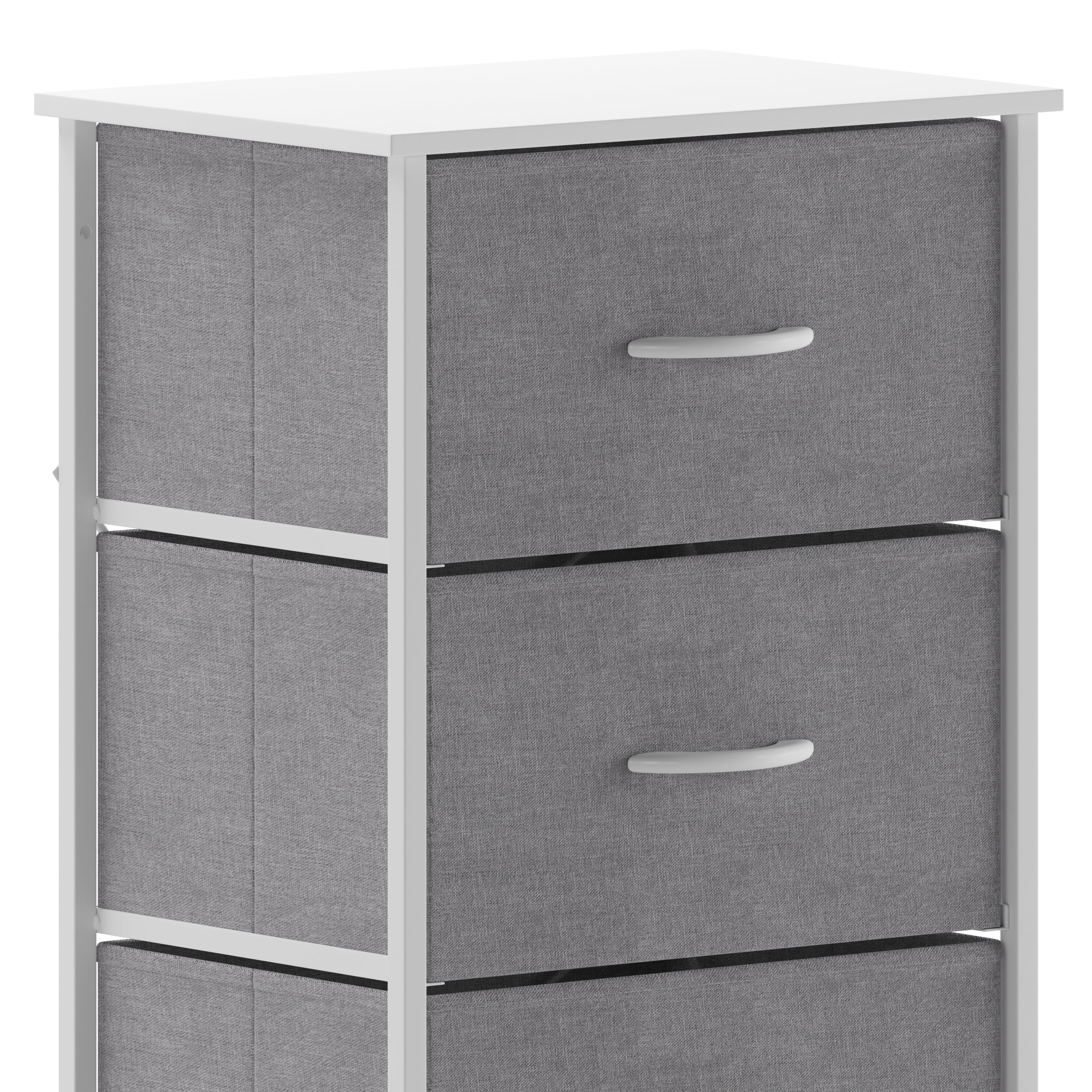Harris 4 Drawer Vertical Storage Dresser with White Cast Iron Frame, White Wood Top and Gray Easy Pull Fabric Drawers with White Wooden Handles