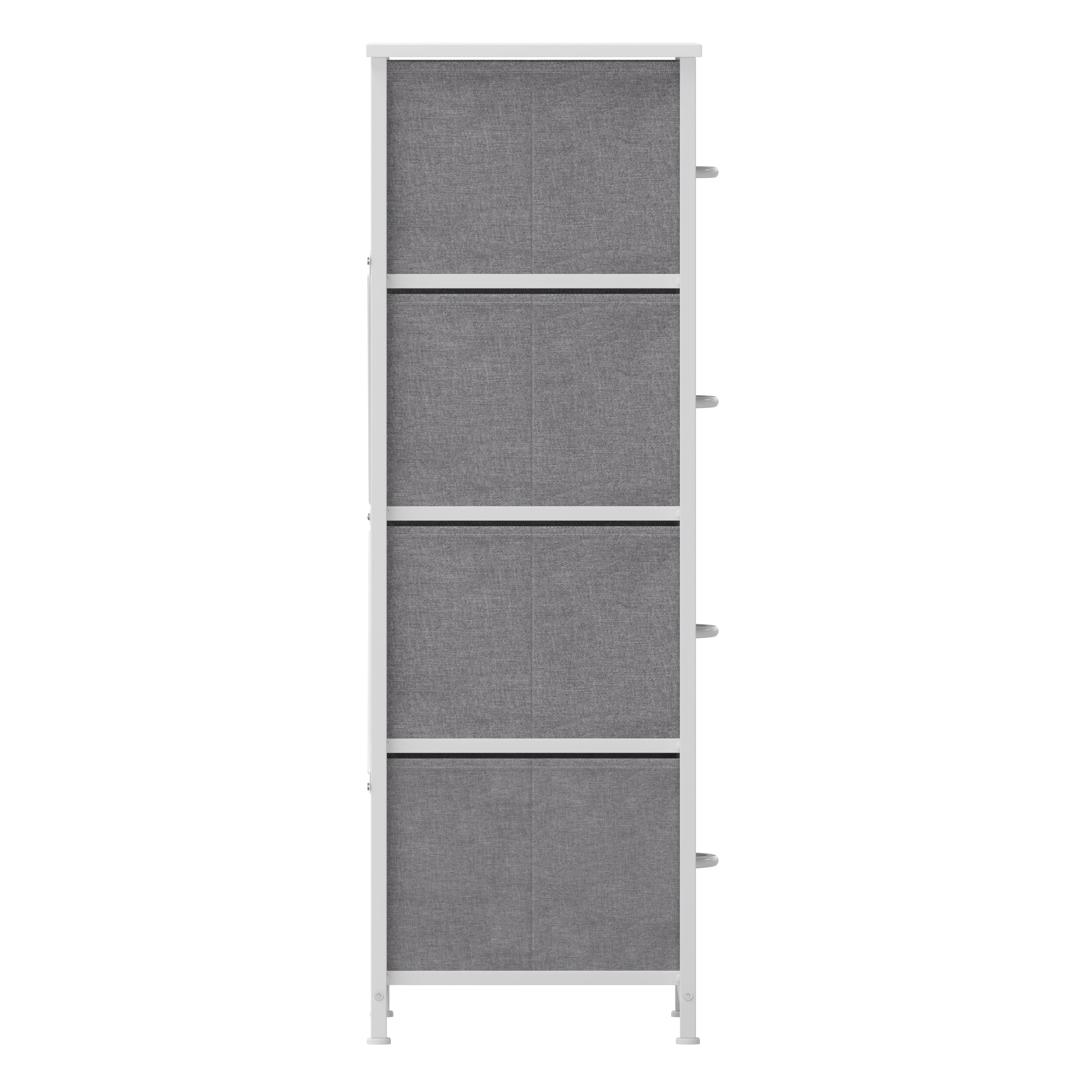 Harris 4 Drawer Vertical Storage Dresser with White Cast Iron Frame, White Wood Top and Gray Easy Pull Fabric Drawers with White Wooden Handles