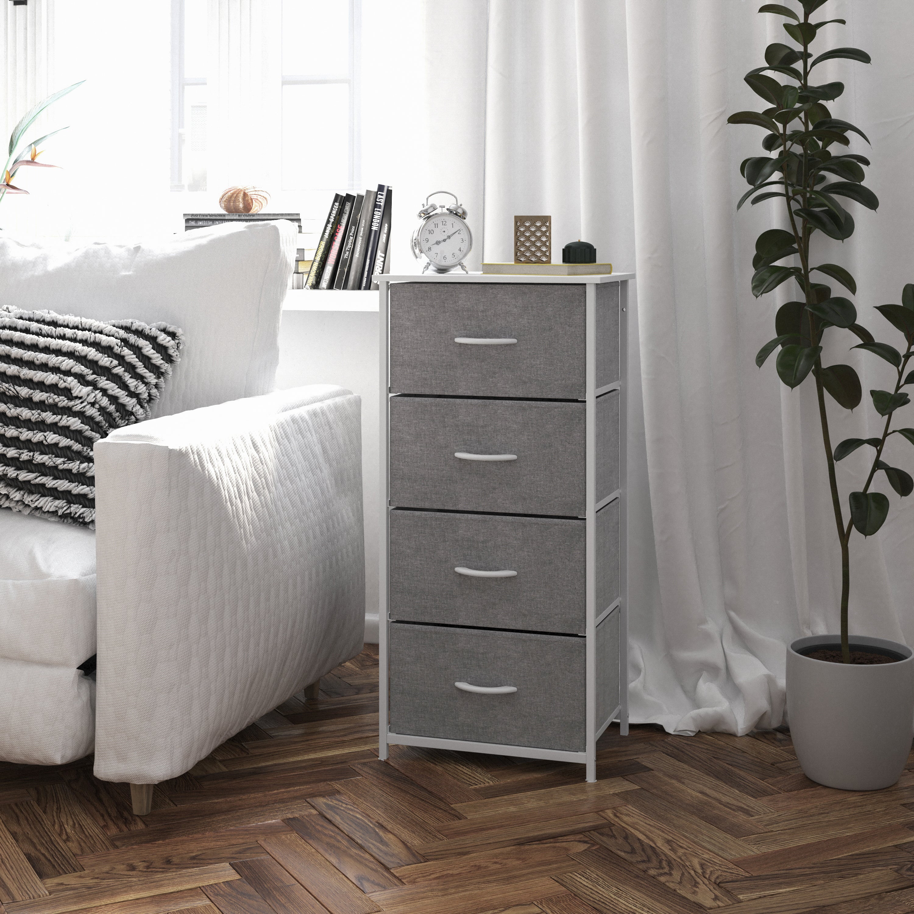 Harris 4 Drawer Vertical Storage Dresser with White Cast Iron Frame, White Wood Top and Gray Easy Pull Fabric Drawers with White Wooden Handles