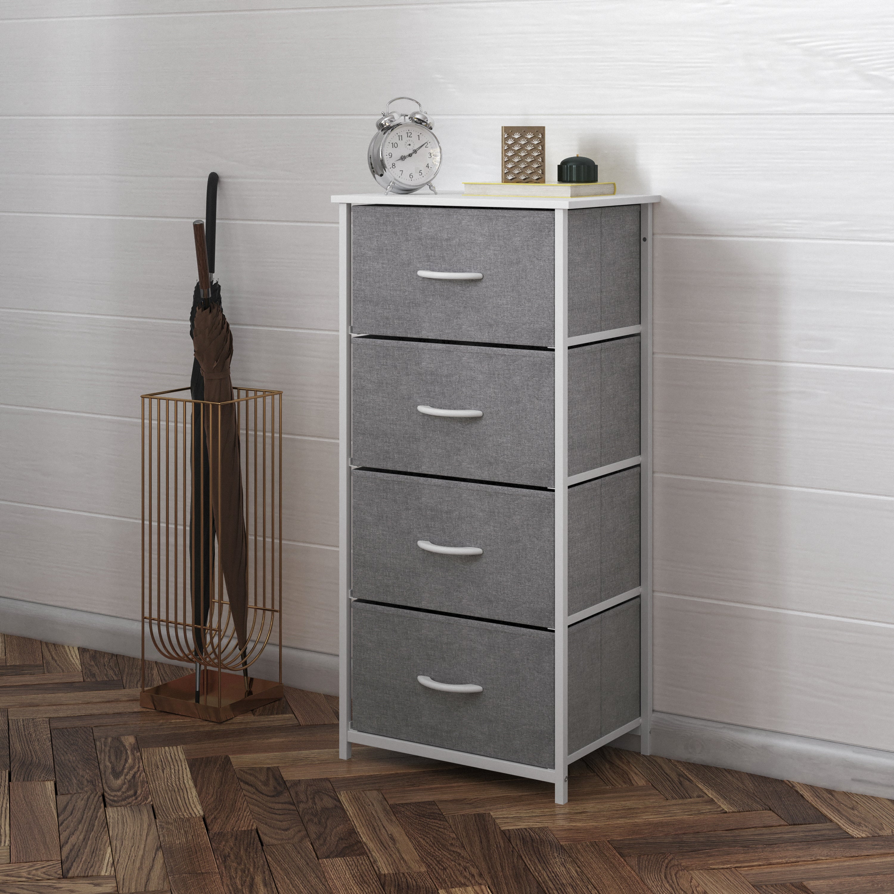 Harris 4 Drawer Vertical Storage Dresser with White Cast Iron Frame, White Wood Top and Gray Easy Pull Fabric Drawers with White Wooden Handles