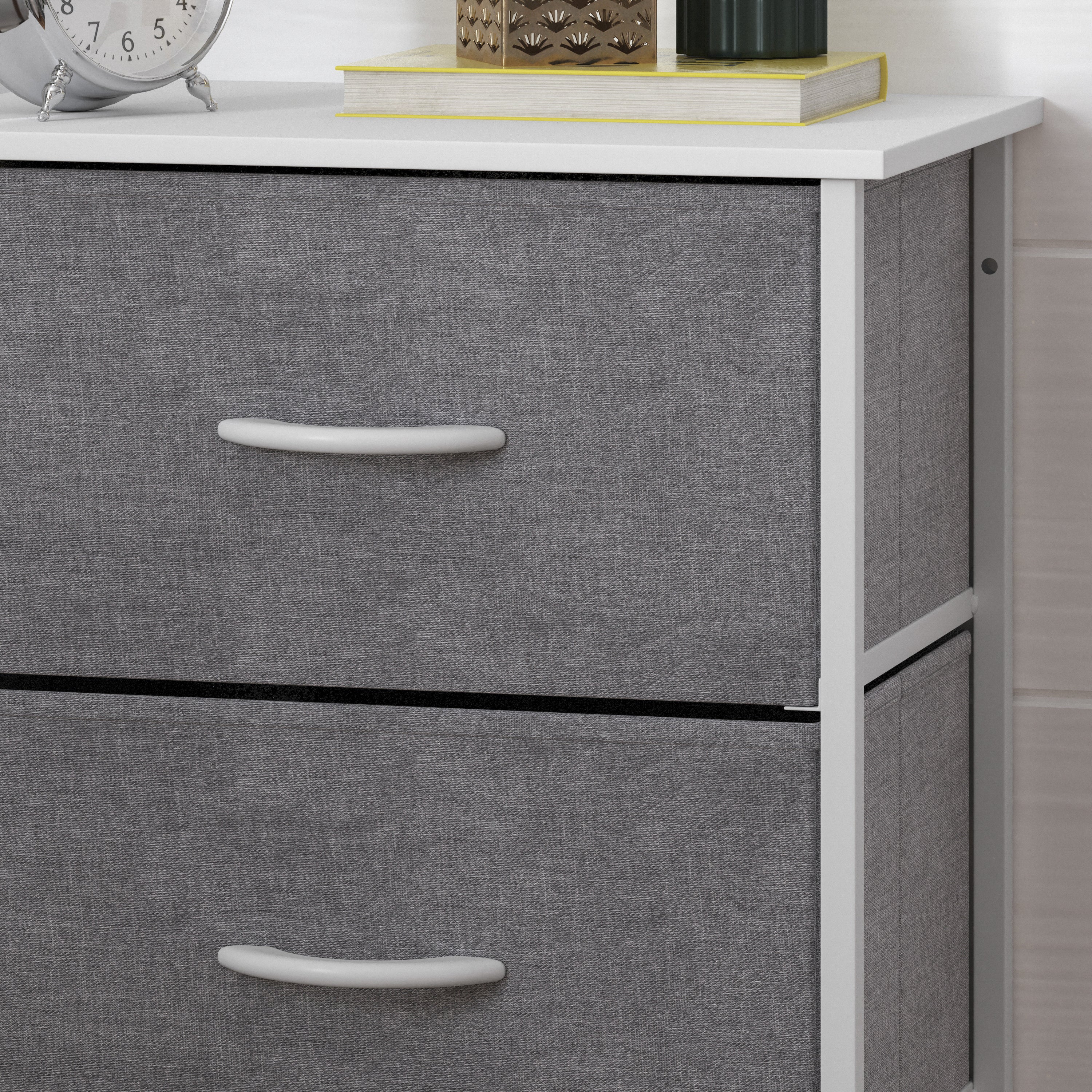 Harris 4 Drawer Vertical Storage Dresser with White Cast Iron Frame, White Wood Top and Gray Easy Pull Fabric Drawers with White Wooden Handles