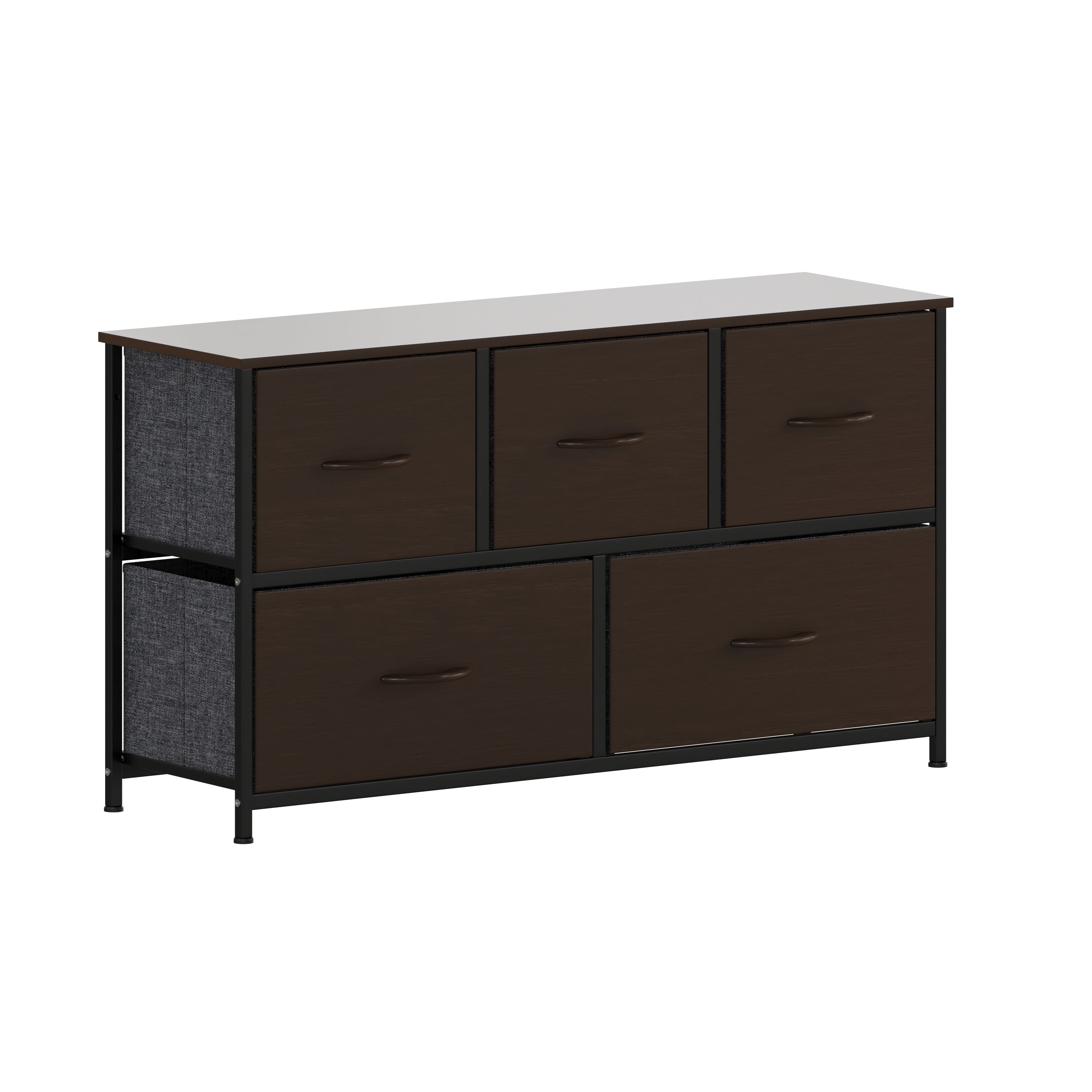 Harris 5 Drawer Storage Dresser with Black Cast Iron Frame, Brown Wood Top and Brown Easy Pull Engineered Wood Drawers with Wooden Handles