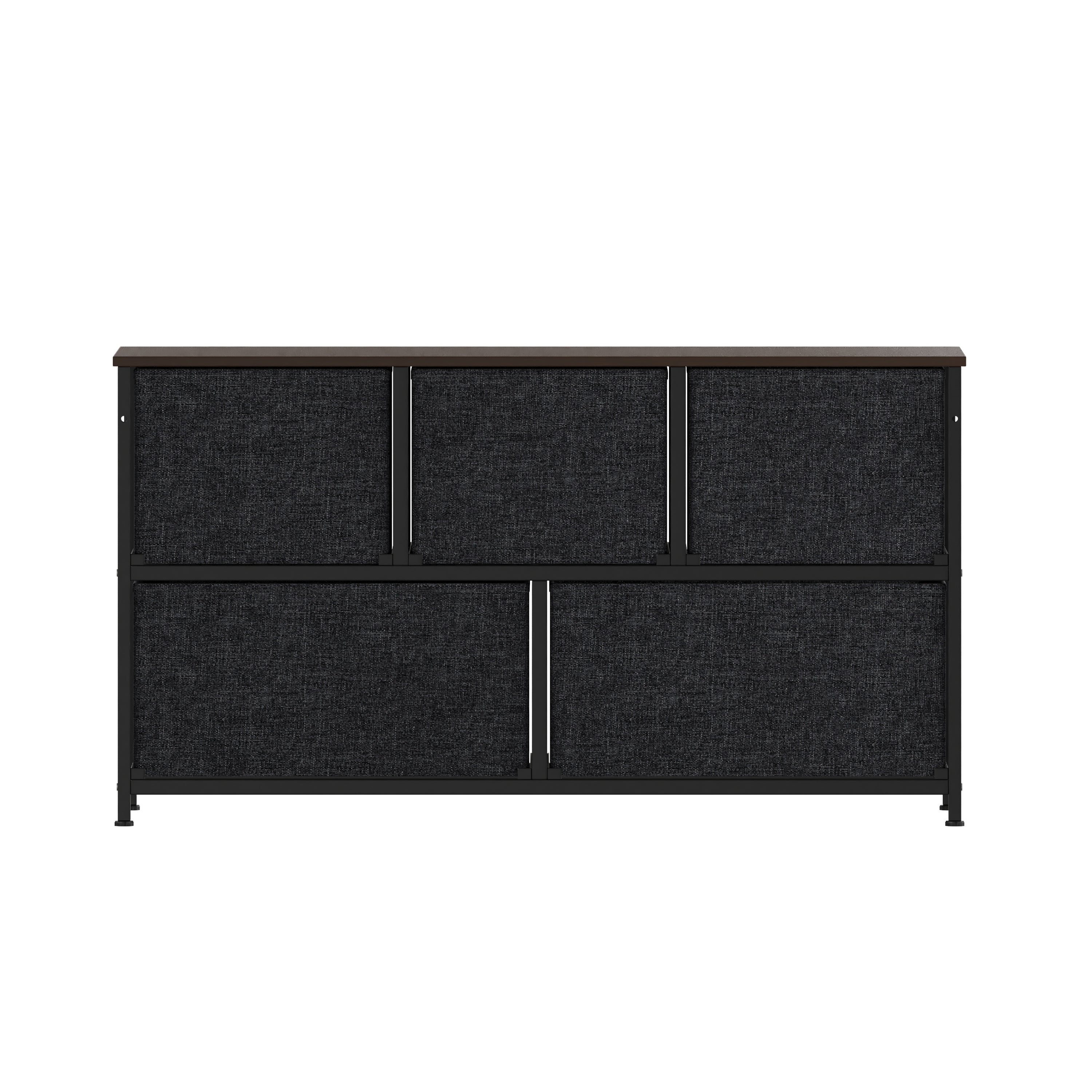 Harris 5 Drawer Storage Dresser with Black Cast Iron Frame, Brown Wood Top and Brown Easy Pull Engineered Wood Drawers with Wooden Handles