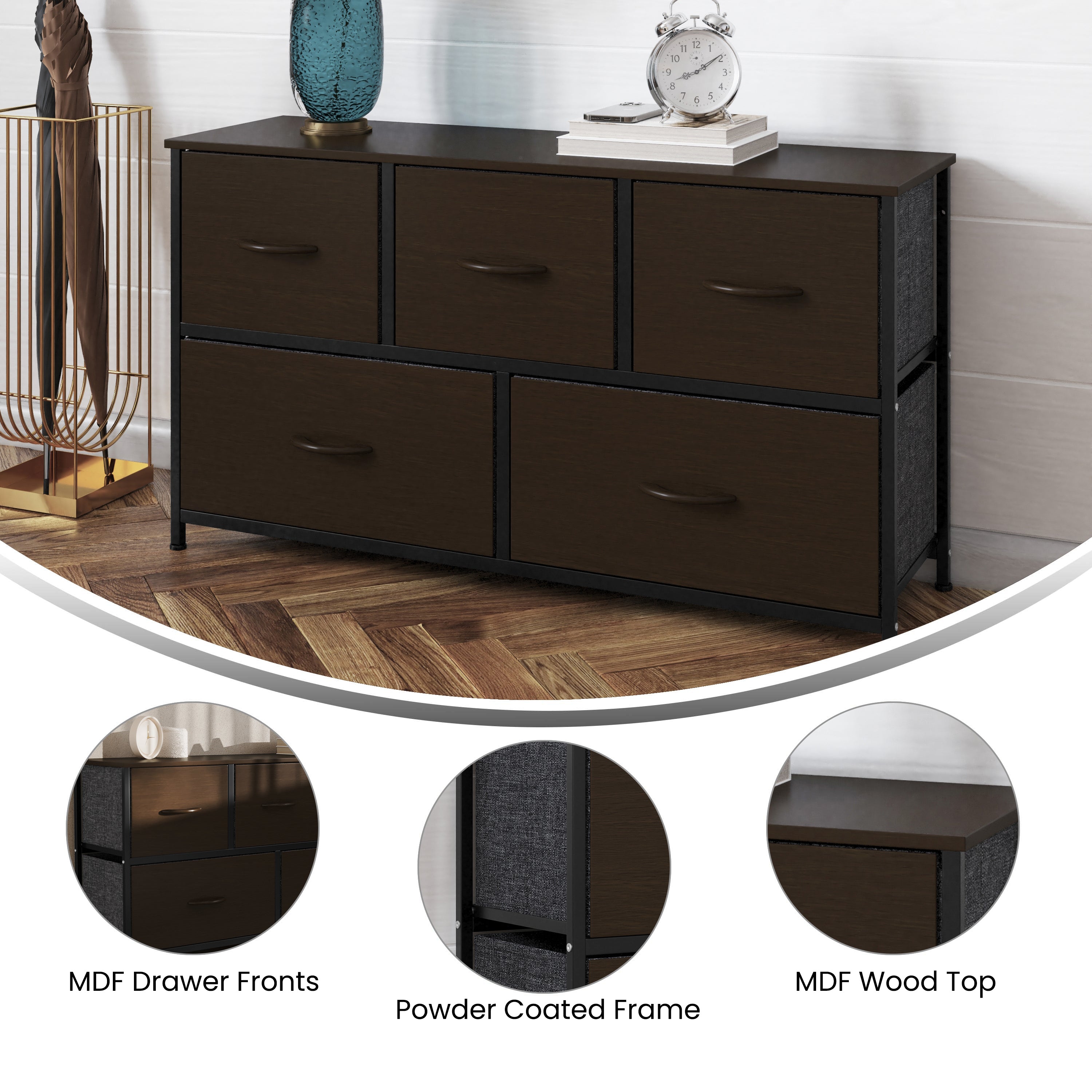 Harris 5 Drawer Storage Dresser with Black Cast Iron Frame, Brown Wood Top and Brown Easy Pull Engineered Wood Drawers with Wooden Handles
