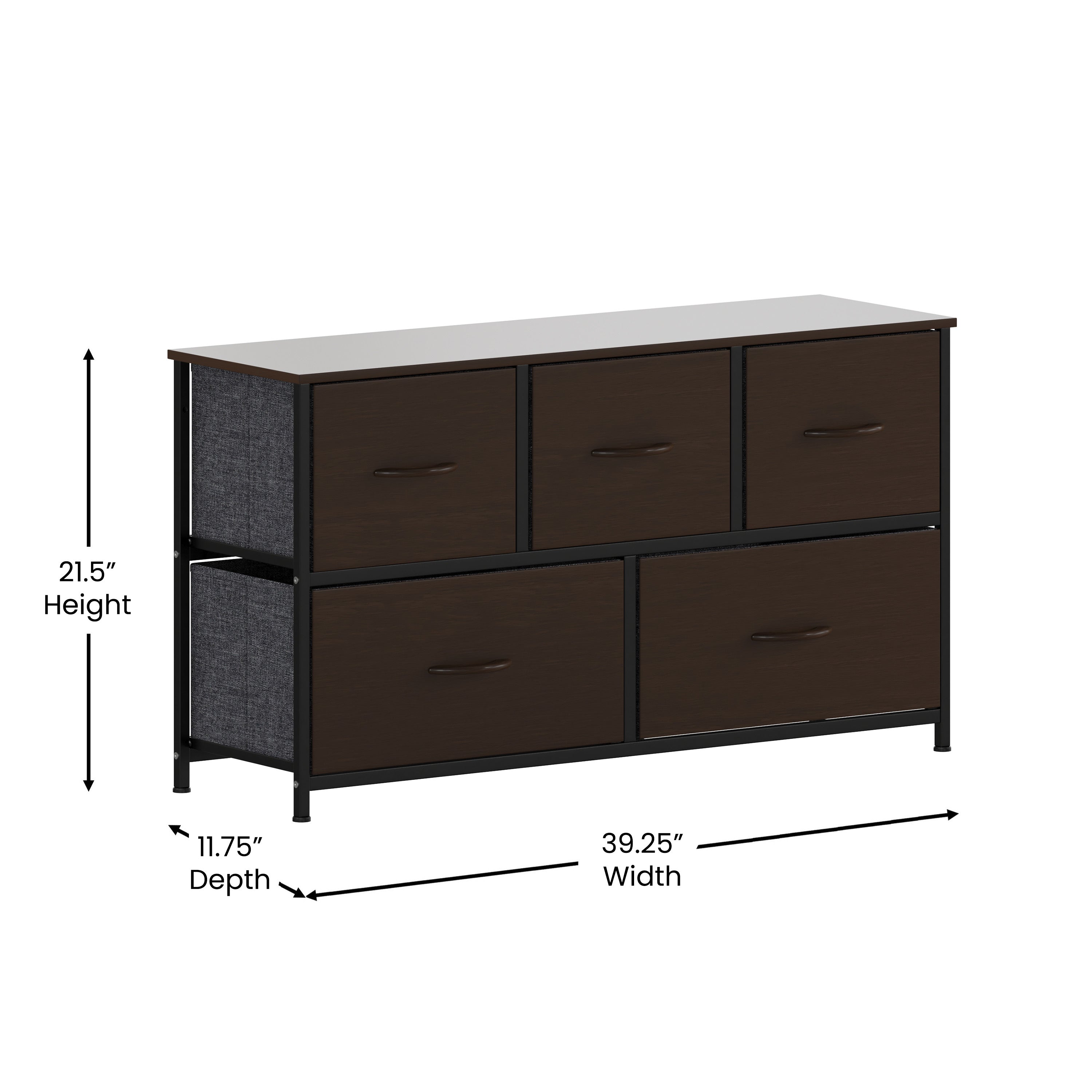 Harris 5 Drawer Storage Dresser with Black Cast Iron Frame, Brown Wood Top and Brown Easy Pull Engineered Wood Drawers with Wooden Handles
