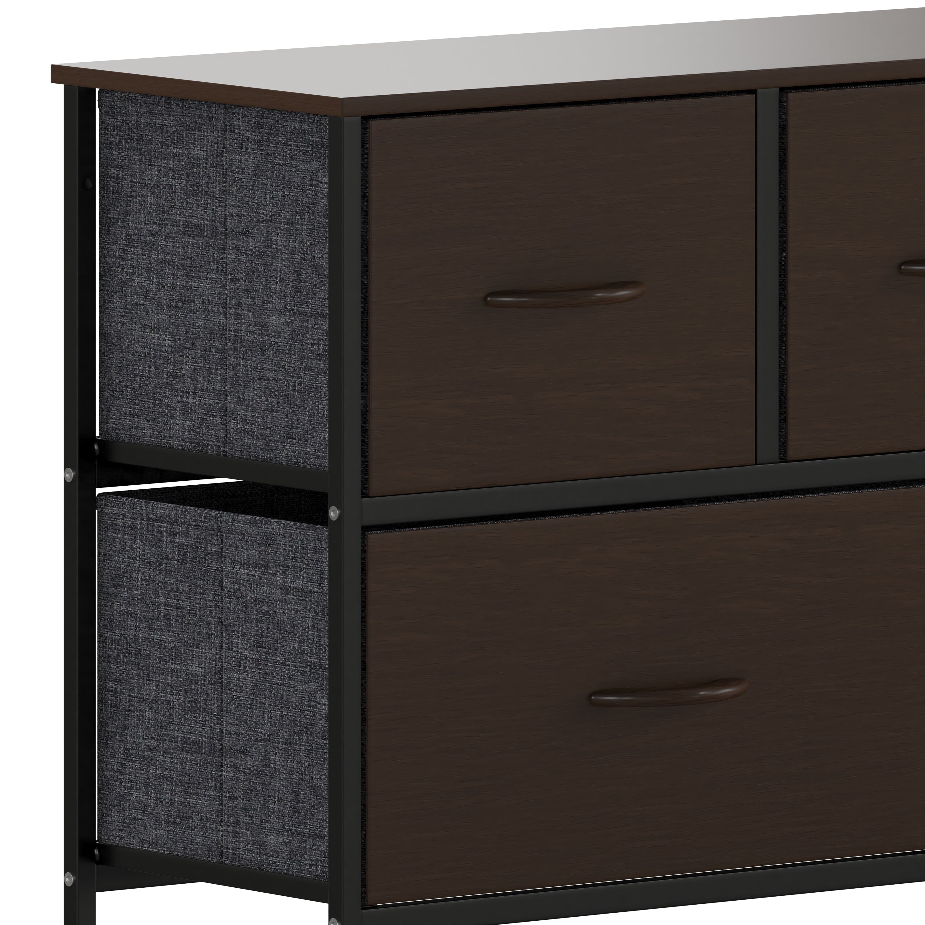 Harris 5 Drawer Storage Dresser with Black Cast Iron Frame, Brown Wood Top and Brown Easy Pull Engineered Wood Drawers with Wooden Handles
