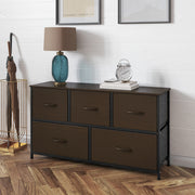 Harris 5 Drawer Storage Dresser with Black Cast Iron Frame, Brown Wood Top and Brown Easy Pull Engineered Wood Drawers with Wooden Handles