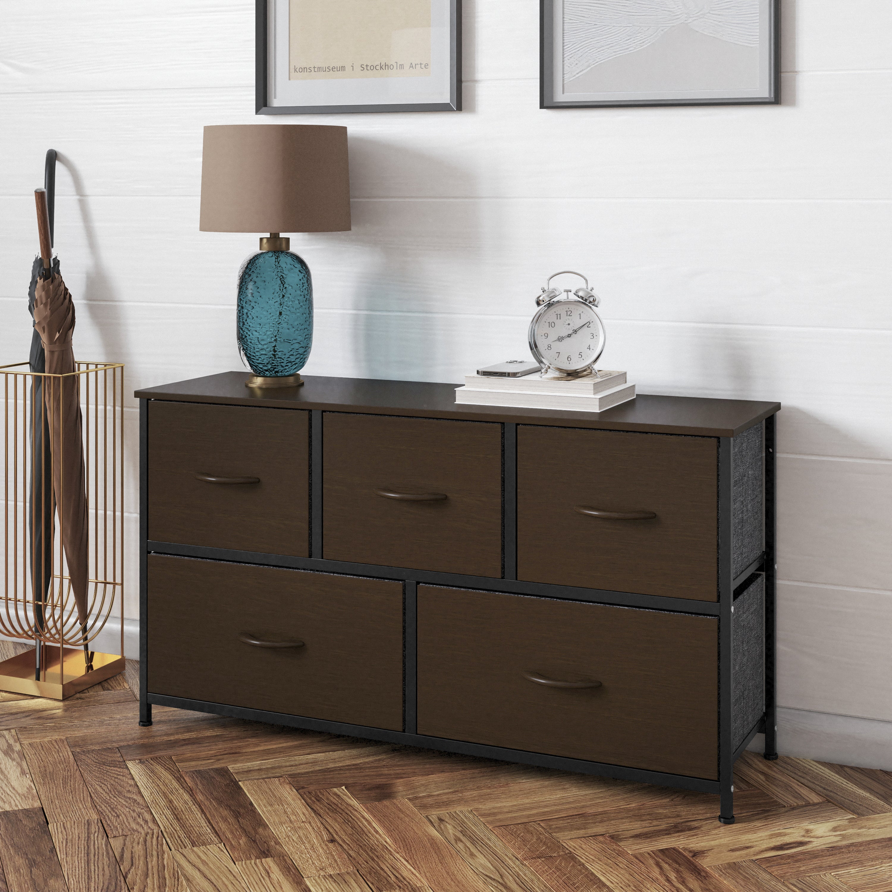 Harris 5 Drawer Storage Dresser with Black Cast Iron Frame, Brown Wood Top and Brown Easy Pull Engineered Wood Drawers with Wooden Handles