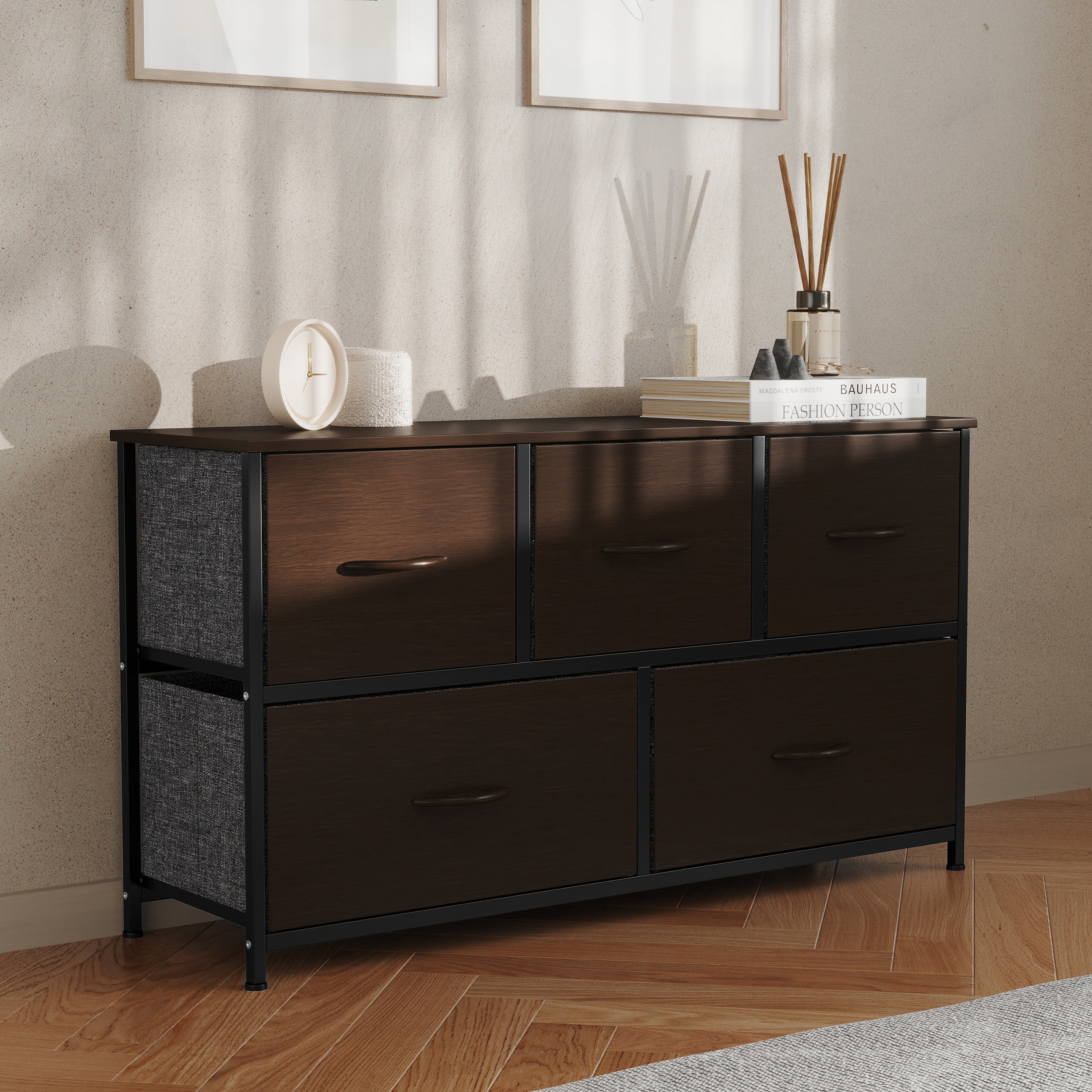 Harris 5 Drawer Storage Dresser with Black Cast Iron Frame, Brown Wood Top and Brown Easy Pull Engineered Wood Drawers with Wooden Handles