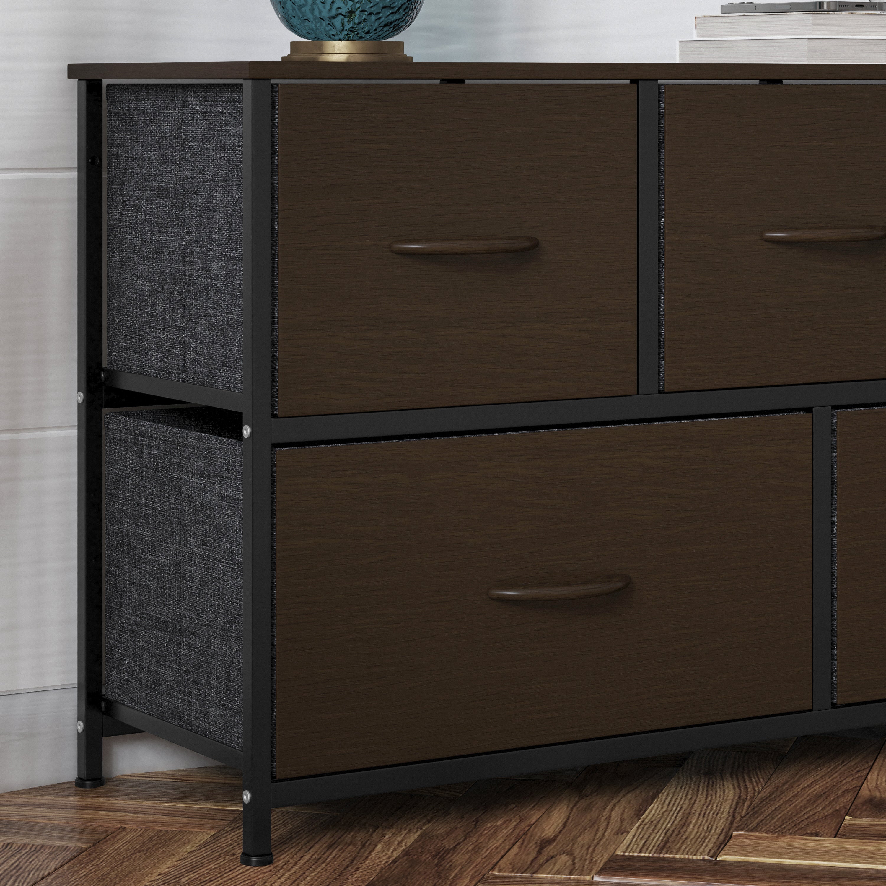 Harris 5 Drawer Storage Dresser with Black Cast Iron Frame, Brown Wood Top and Brown Easy Pull Engineered Wood Drawers with Wooden Handles