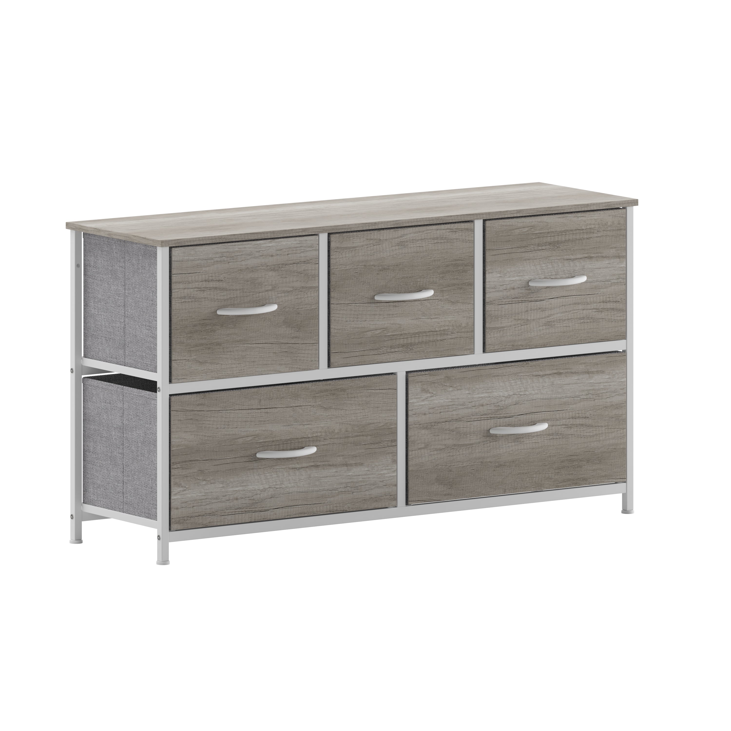 Harris 5 Drawer Storage Dresser with White Cast Iron Frame, Light Natural Wood Top and Easy Pull Engineered Wood Drawers, and White Wooden Handles