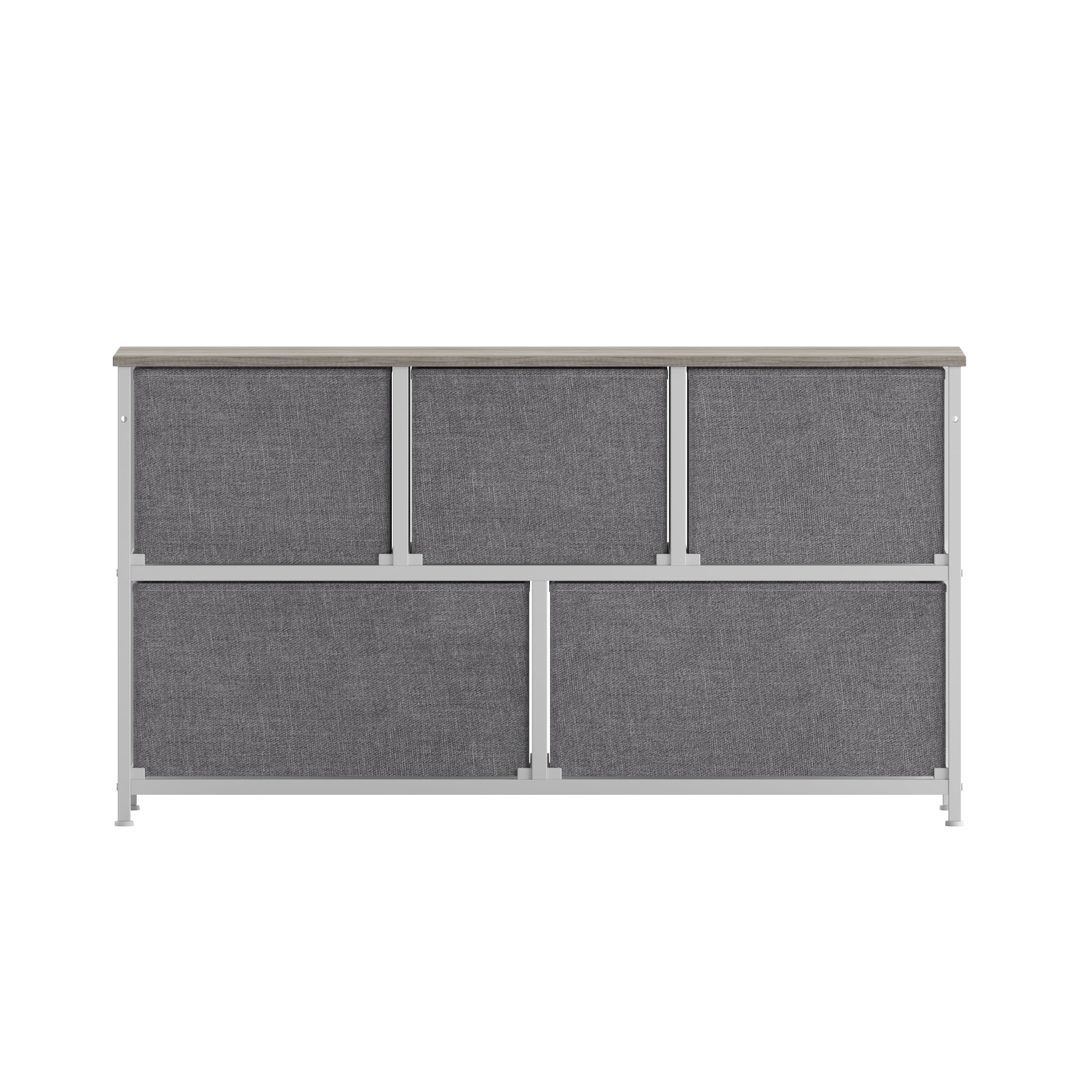 Harris 5 Drawer Storage Dresser with White Cast Iron Frame, Light Natural Wood Top and Easy Pull Engineered Wood Drawers, and White Wooden Handles