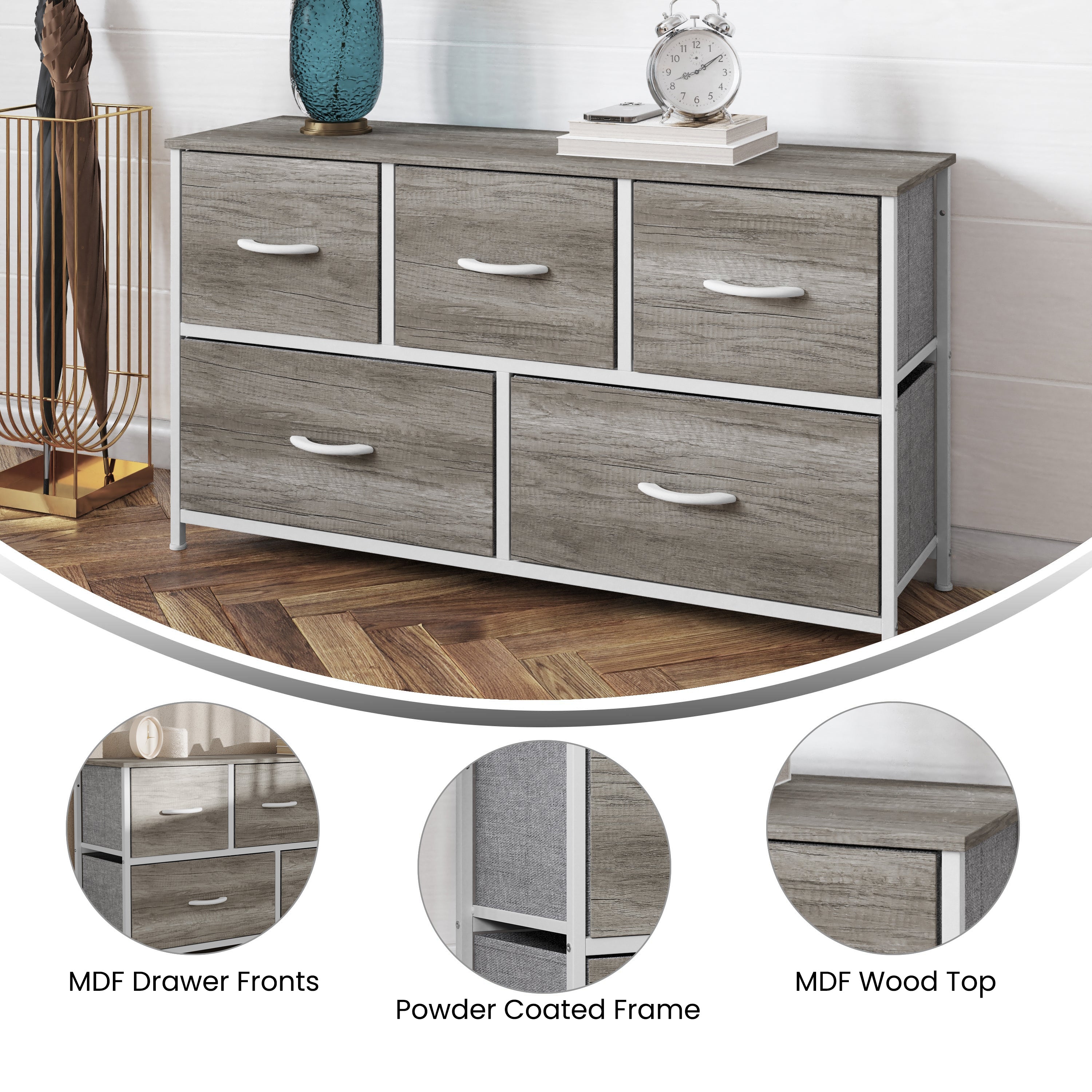 Harris 5 Drawer Storage Dresser with White Cast Iron Frame, Light Natural Wood Top and Easy Pull Engineered Wood Drawers, and White Wooden Handles