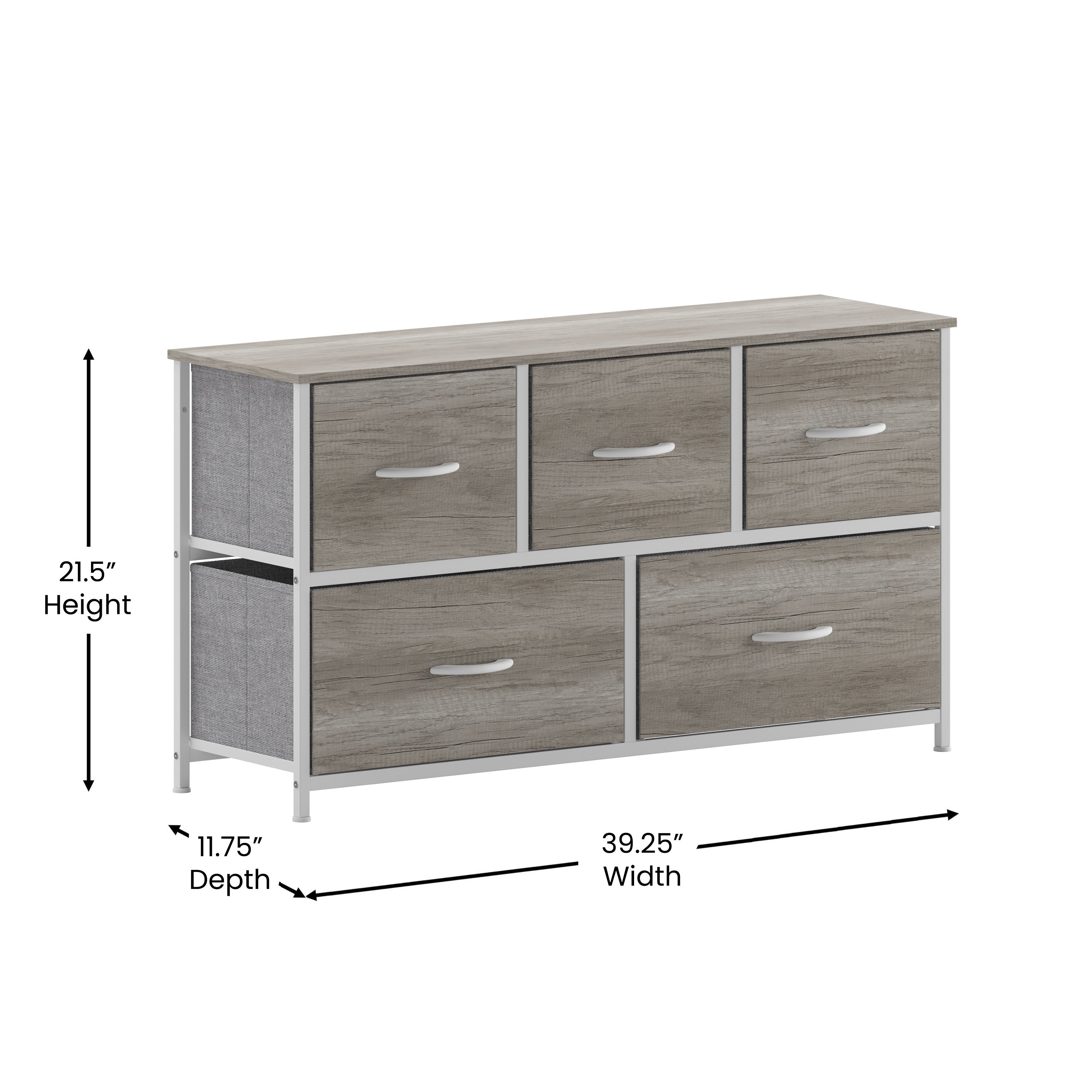 Harris 5 Drawer Storage Dresser with White Cast Iron Frame, Light Natural Wood Top and Easy Pull Engineered Wood Drawers, and White Wooden Handles