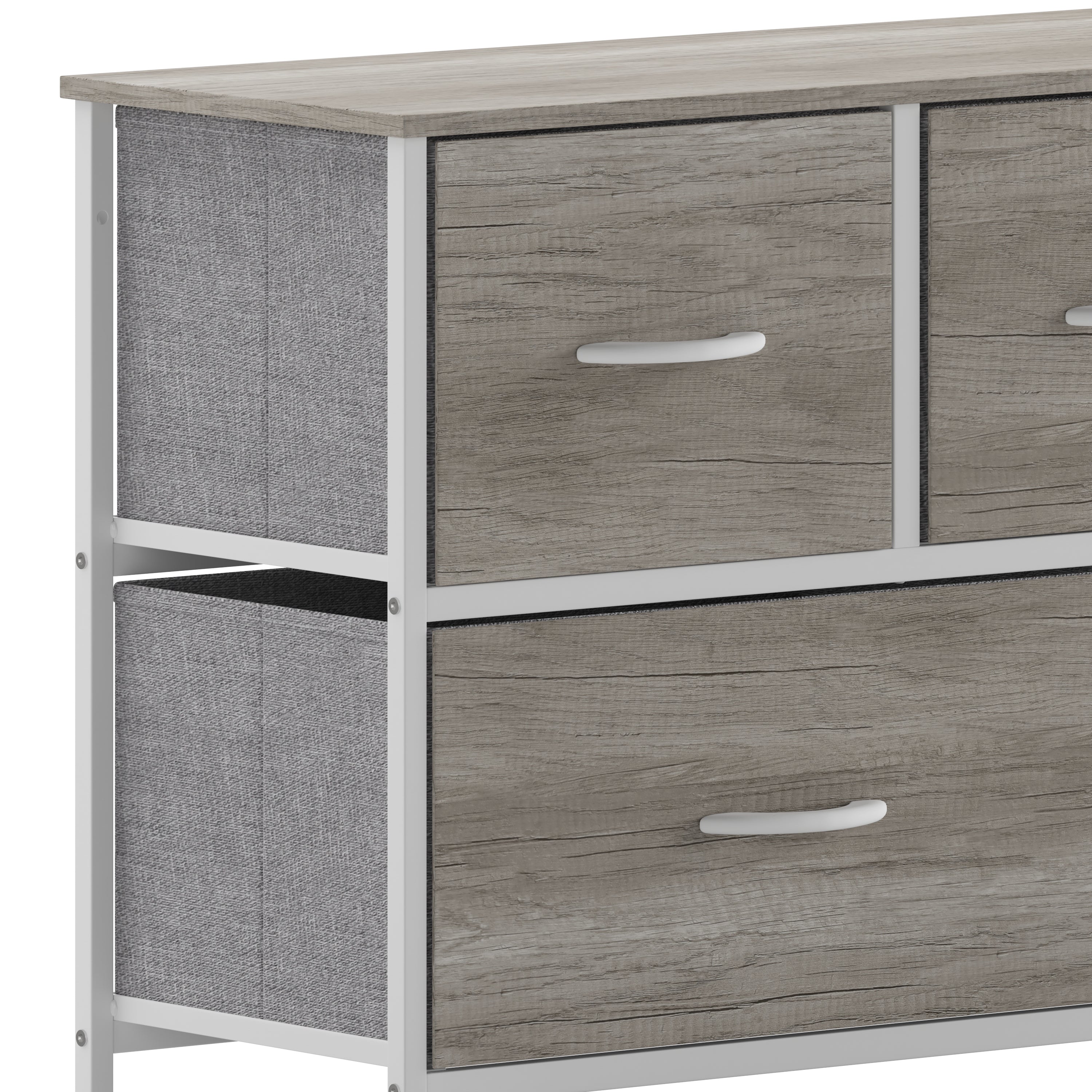 Harris 5 Drawer Storage Dresser with White Cast Iron Frame, Light Natural Wood Top and Easy Pull Engineered Wood Drawers, and White Wooden Handles