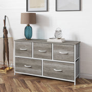 Harris 5 Drawer Storage Dresser with White Cast Iron Frame, Light Natural Wood Top and Easy Pull Engineered Wood Drawers, and White Wooden Handles