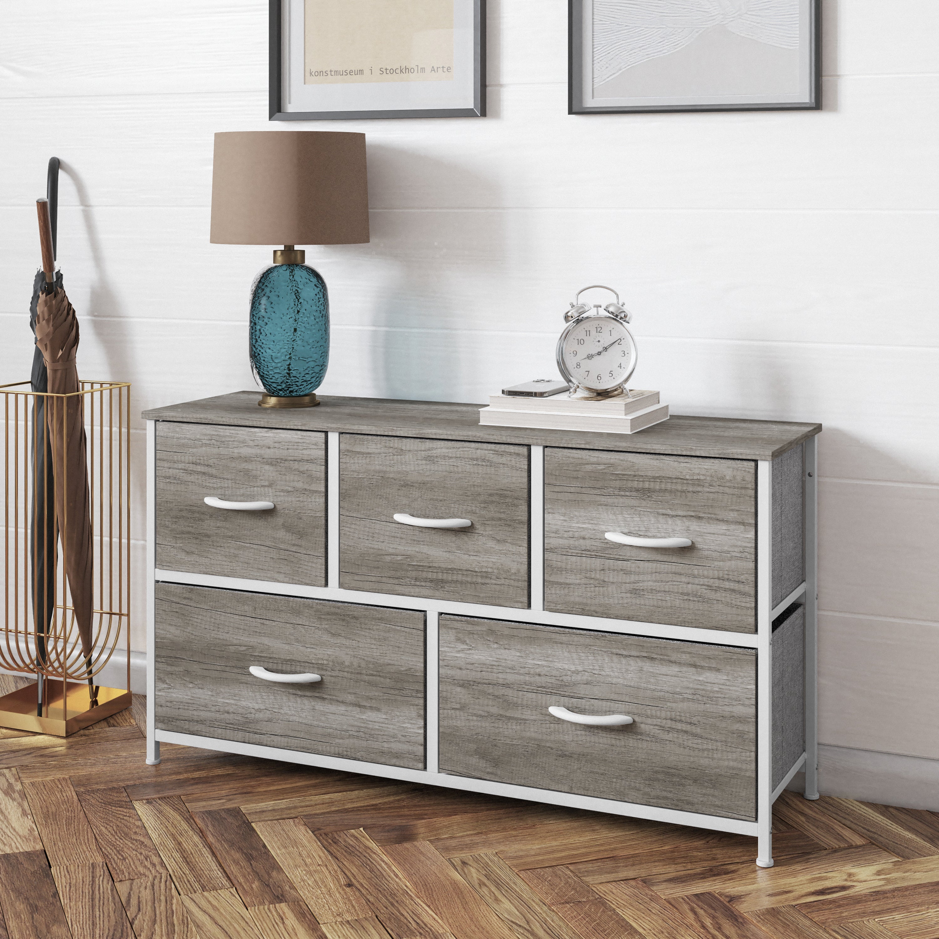 Harris 5 Drawer Storage Dresser with White Cast Iron Frame, Light Natural Wood Top and Easy Pull Engineered Wood Drawers, and White Wooden Handles
