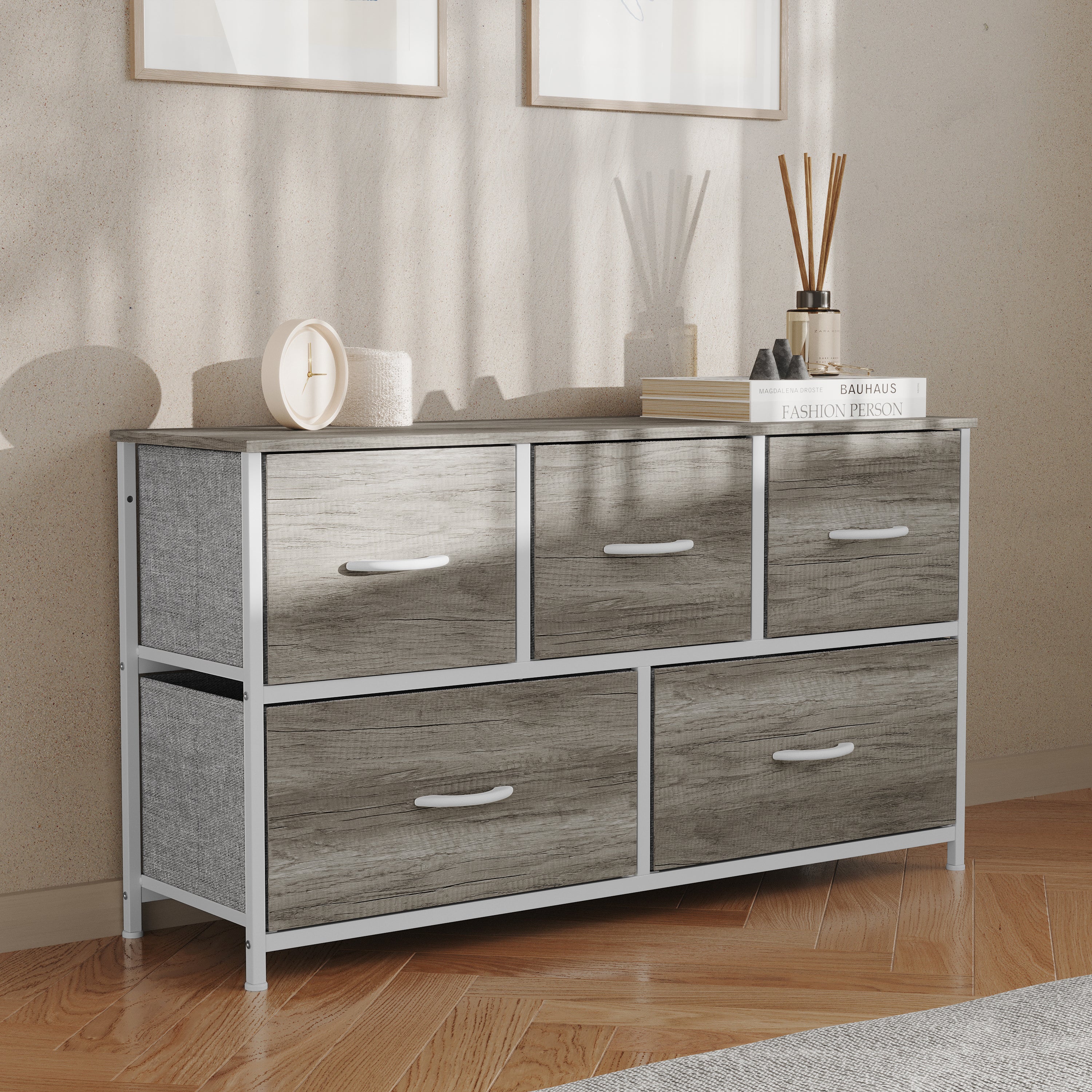 Harris 5 Drawer Storage Dresser with White Cast Iron Frame, Light Natural Wood Top and Easy Pull Engineered Wood Drawers, and White Wooden Handles