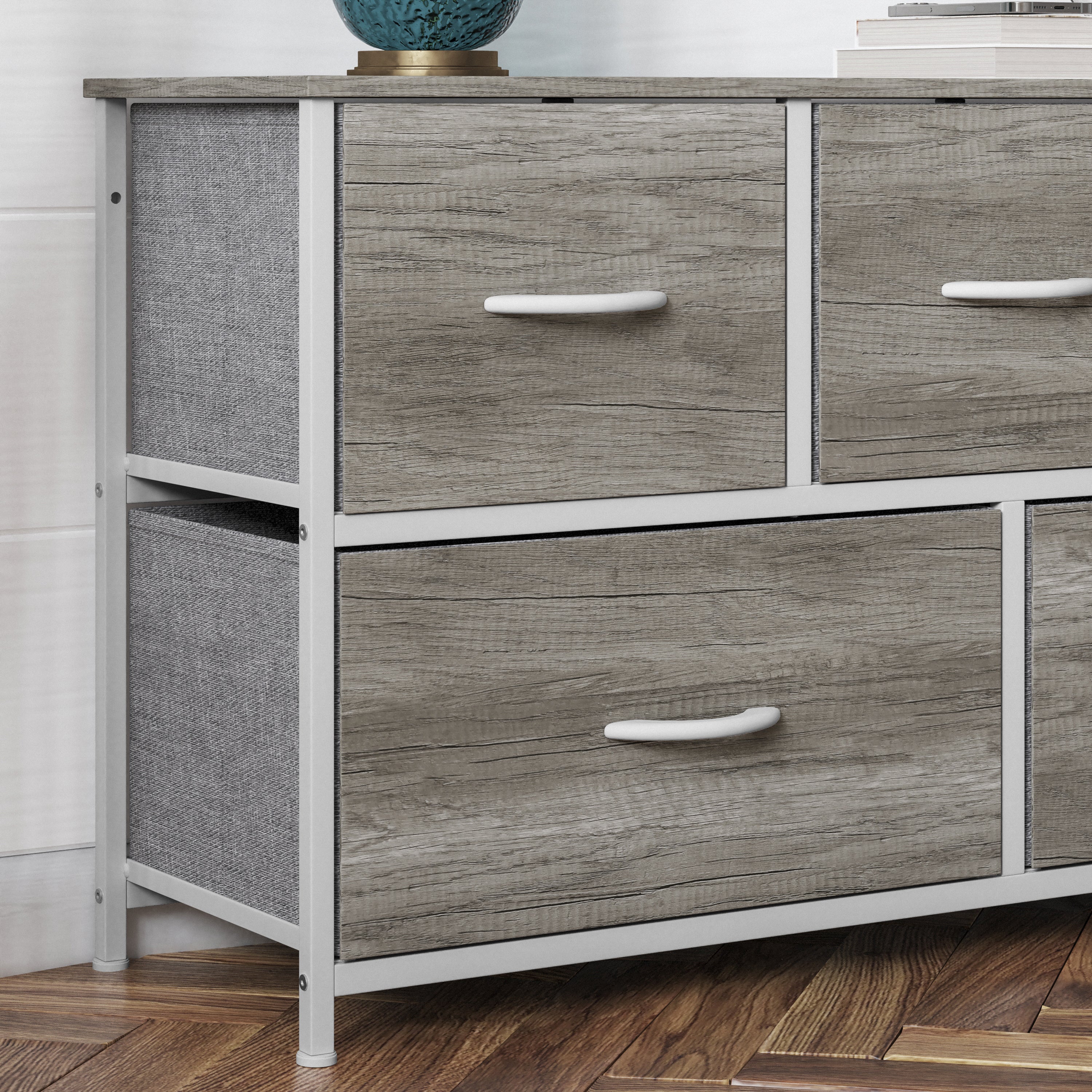 Harris 5 Drawer Storage Dresser with White Cast Iron Frame, Light Natural Wood Top and Easy Pull Engineered Wood Drawers, and White Wooden Handles