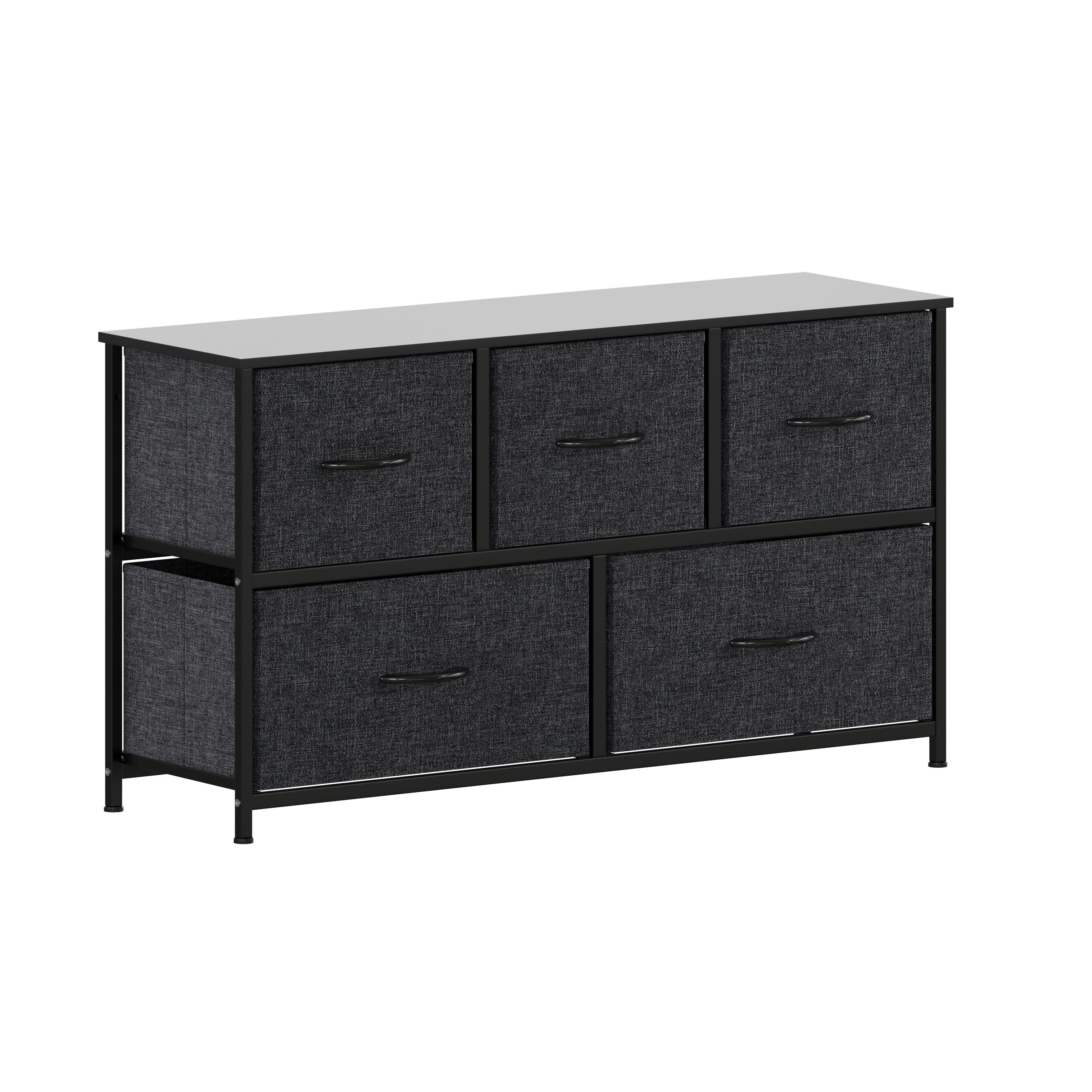 Harris 5 Drawer Vertical Storage Dresser with Black Cast Iron Frame and Wood Top and Black Easy Pull Fabric Drawers with Wooden Handles