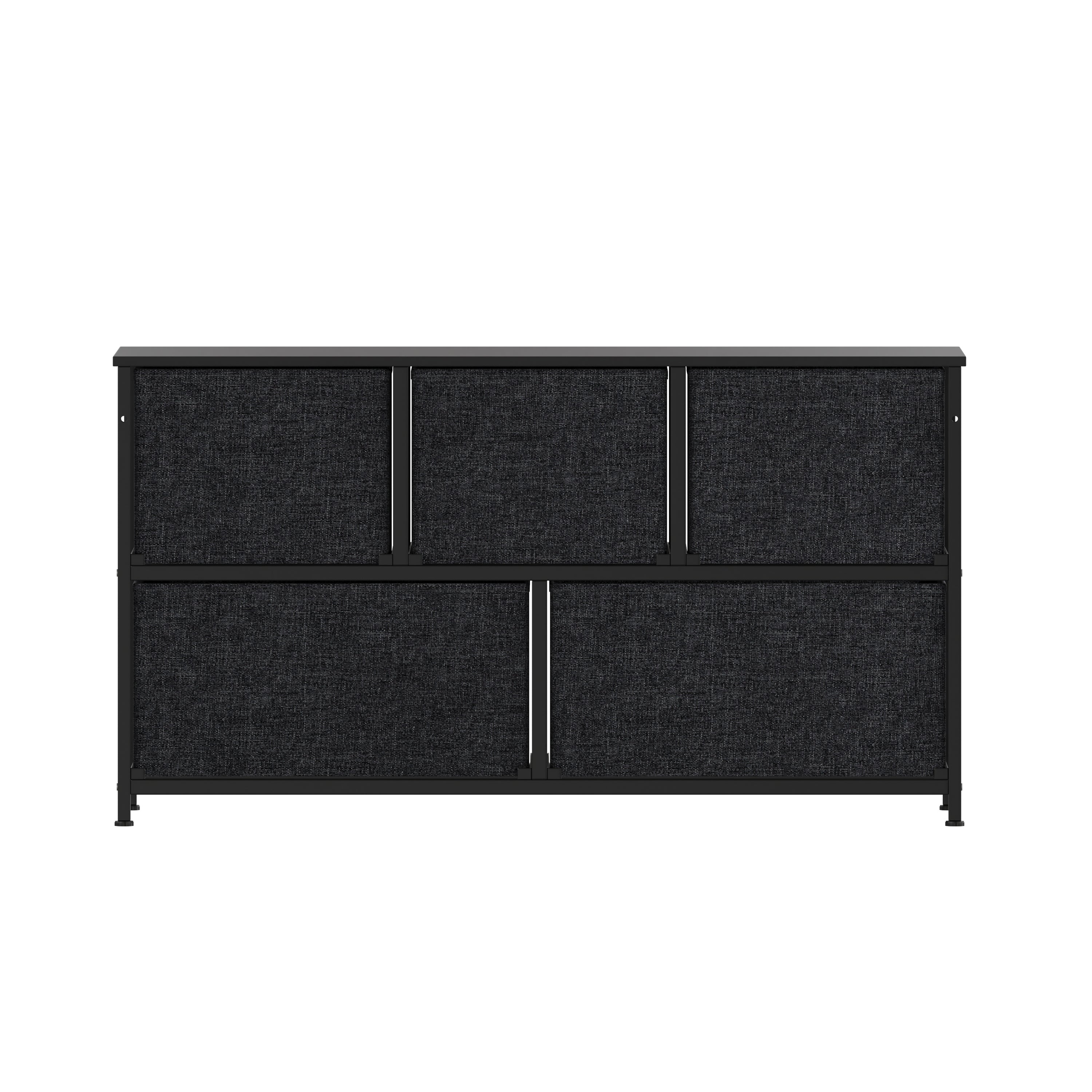 Harris 5 Drawer Vertical Storage Dresser with Black Cast Iron Frame and Wood Top and Black Easy Pull Fabric Drawers with Wooden Handles
