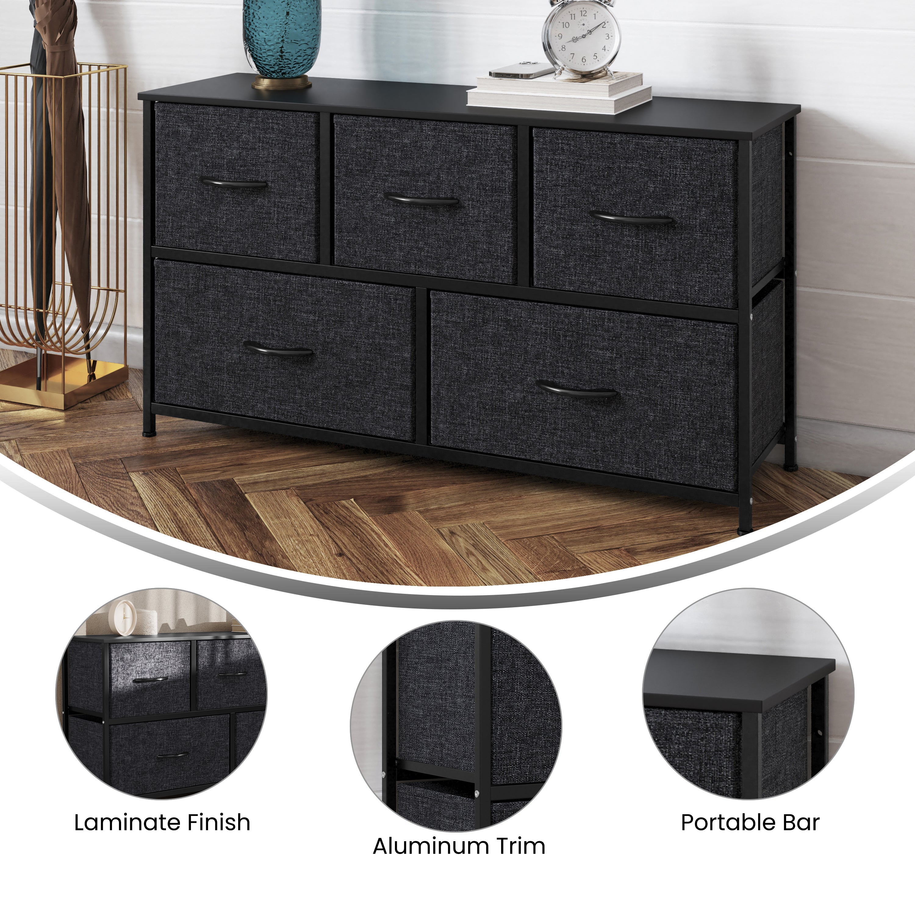 Harris 5 Drawer Vertical Storage Dresser with Black Cast Iron Frame and Wood Top and Black Easy Pull Fabric Drawers with Wooden Handles