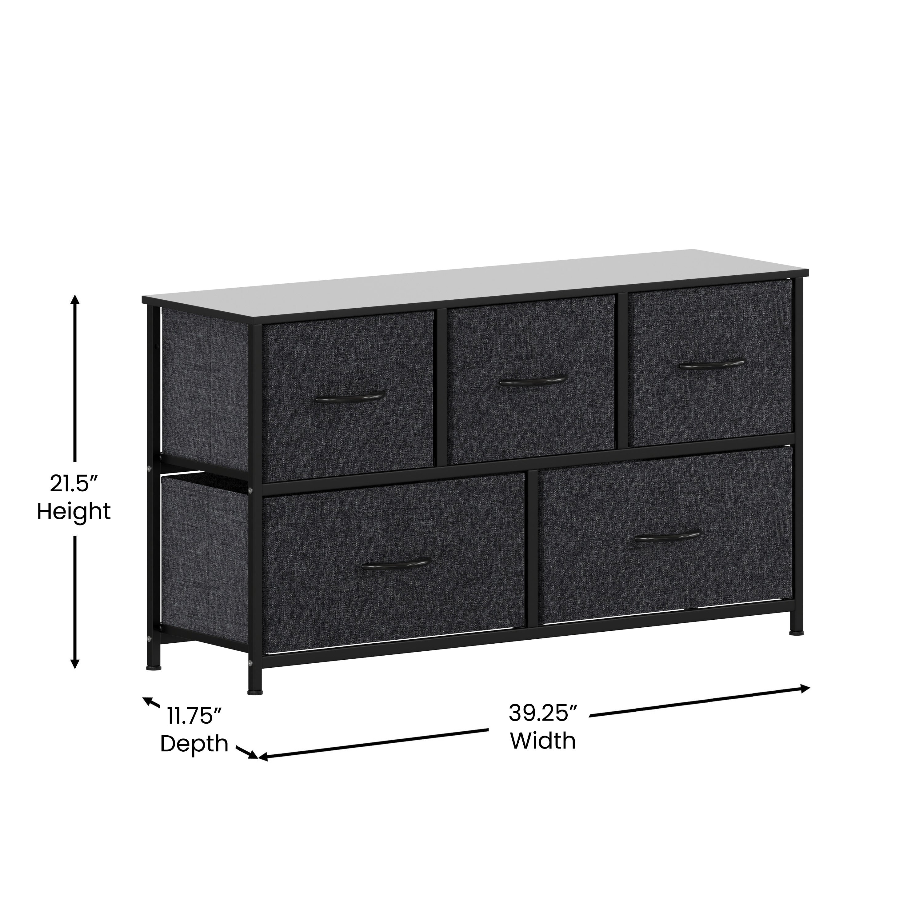Harris 5 Drawer Vertical Storage Dresser with Black Cast Iron Frame and Wood Top and Black Easy Pull Fabric Drawers with Wooden Handles