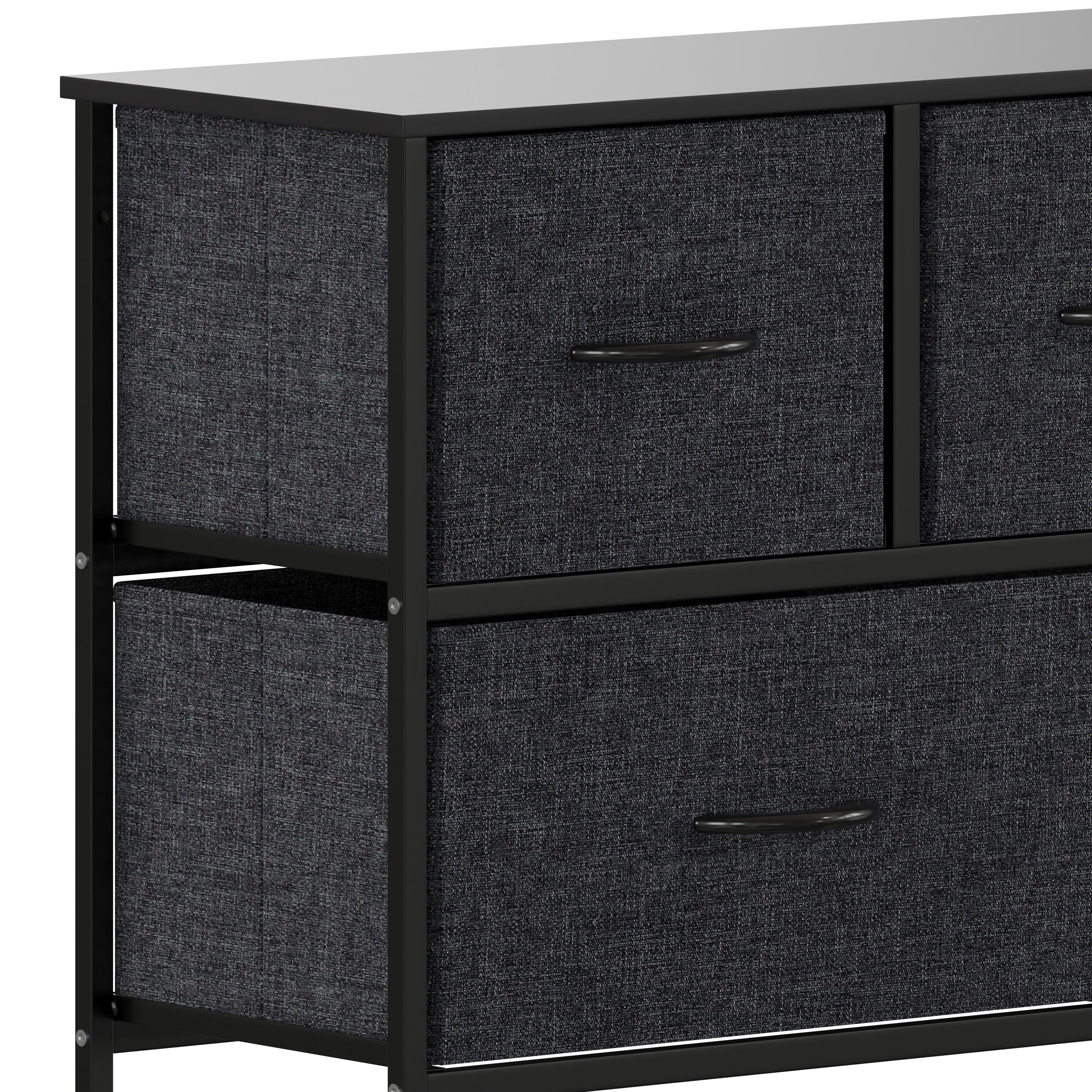 Harris 5 Drawer Vertical Storage Dresser with Black Cast Iron Frame and Wood Top and Black Easy Pull Fabric Drawers with Wooden Handles