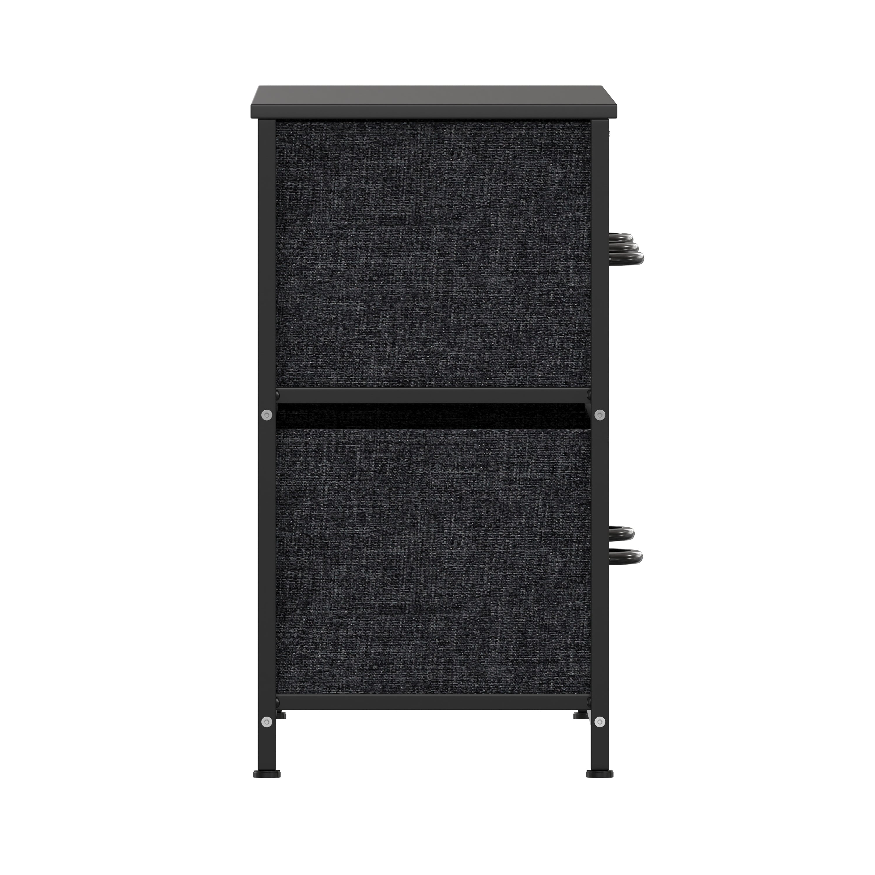 Harris 5 Drawer Vertical Storage Dresser with Black Cast Iron Frame and Wood Top and Black Easy Pull Fabric Drawers with Wooden Handles