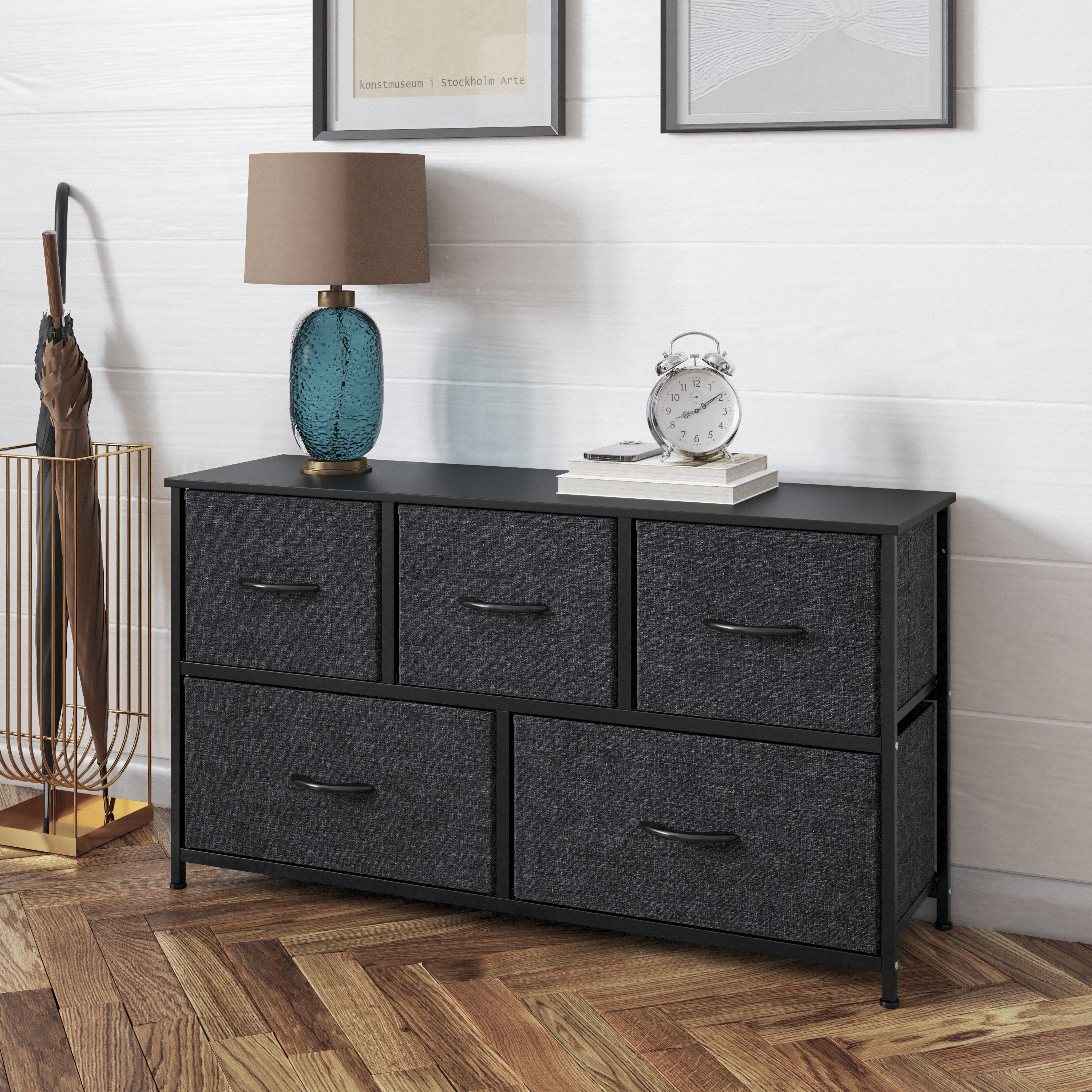 Harris 5 Drawer Vertical Storage Dresser with Black Cast Iron Frame and Wood Top and Black Easy Pull Fabric Drawers with Wooden Handles