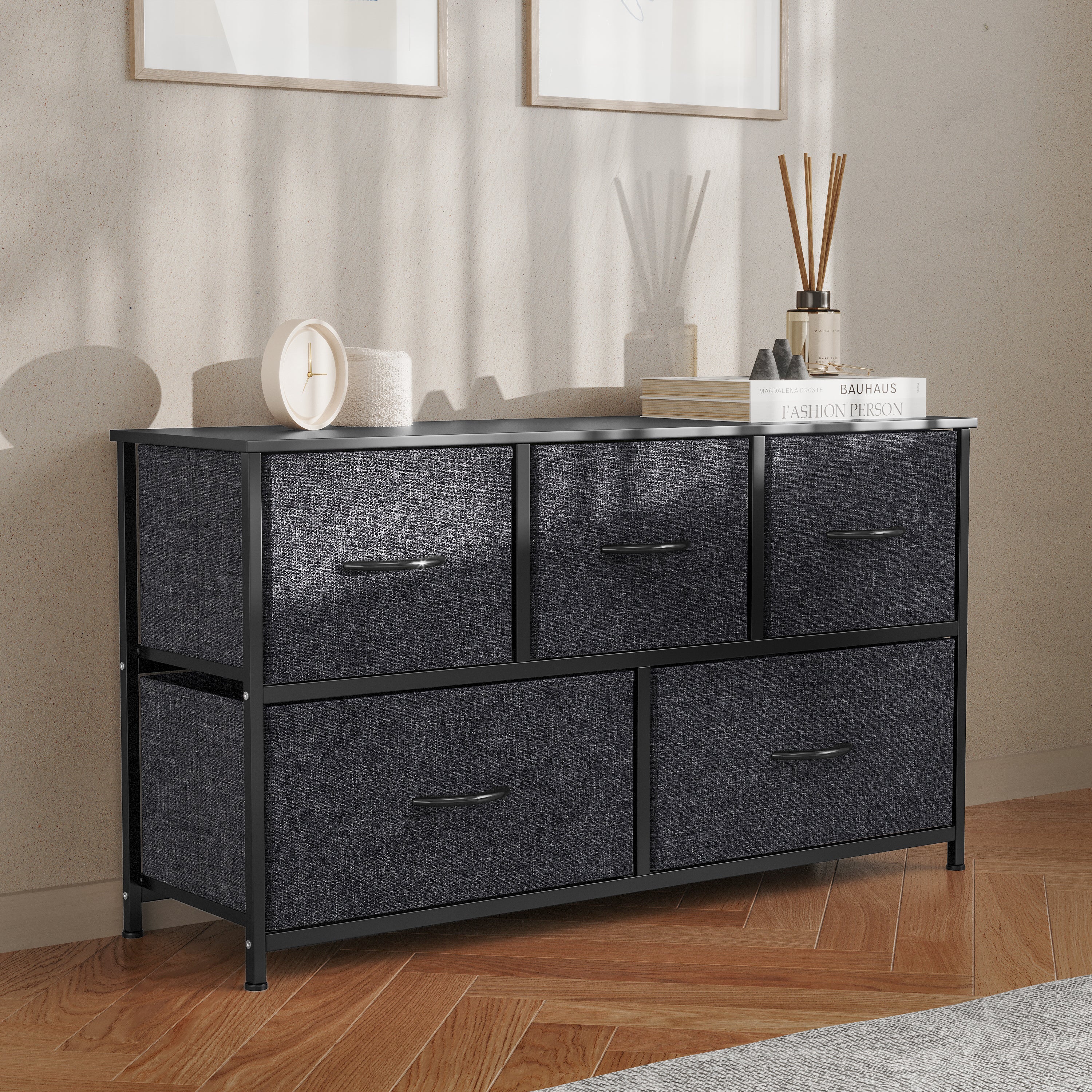 Harris 5 Drawer Vertical Storage Dresser with Black Cast Iron Frame and Wood Top and Black Easy Pull Fabric Drawers with Wooden Handles