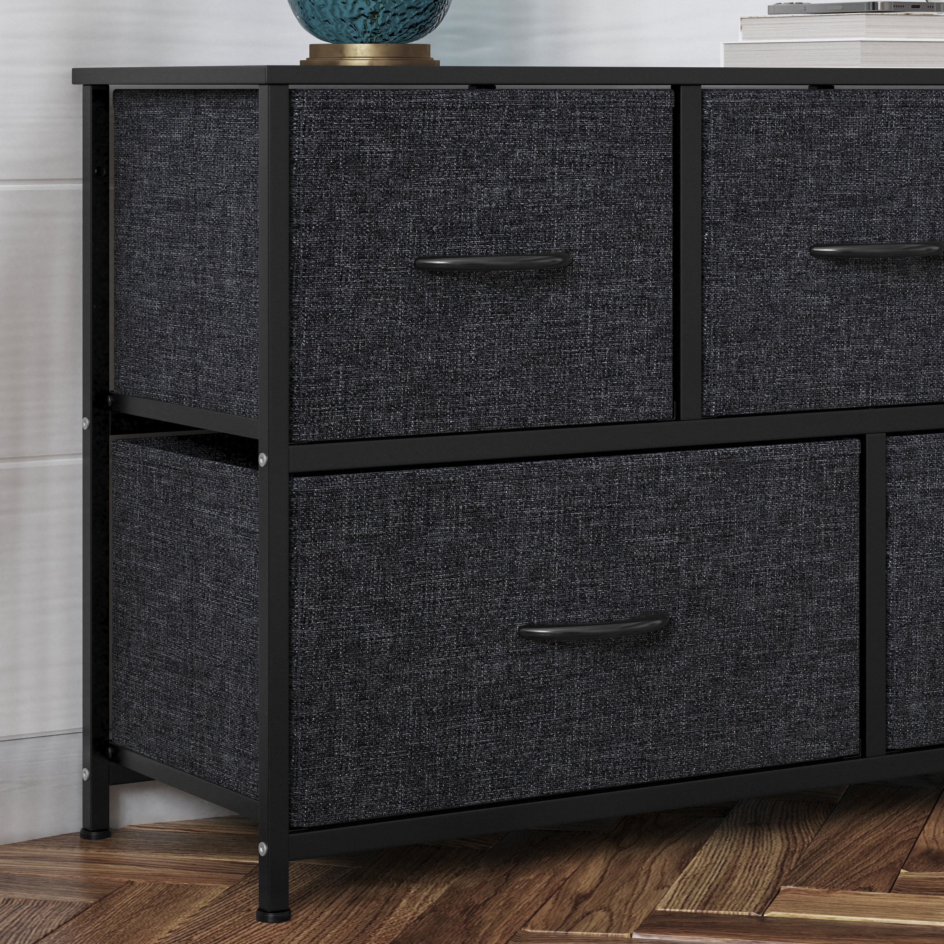 Harris 5 Drawer Vertical Storage Dresser with Black Cast Iron Frame and Wood Top and Black Easy Pull Fabric Drawers with Wooden Handles