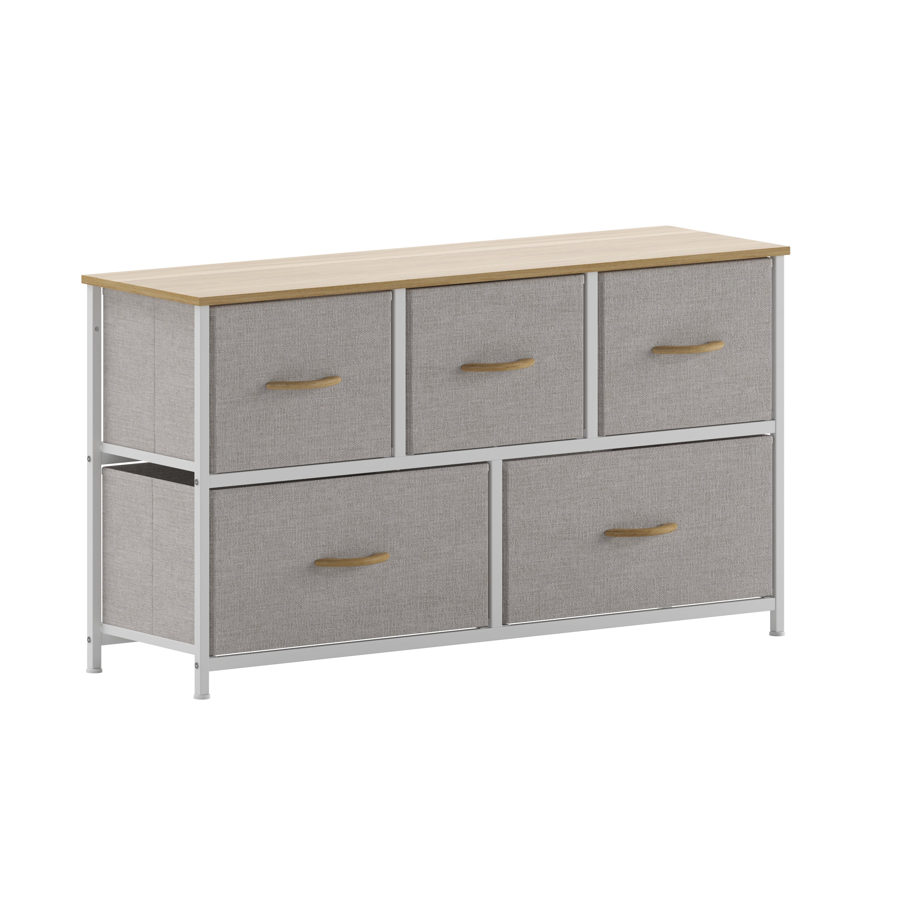 Harris 5 Drawer Vertical Storage Dresser with White Cast Iron Frame, Oak Wood Top and Beige Easy Pull Fabric Drawers with Natural Wooden Handles